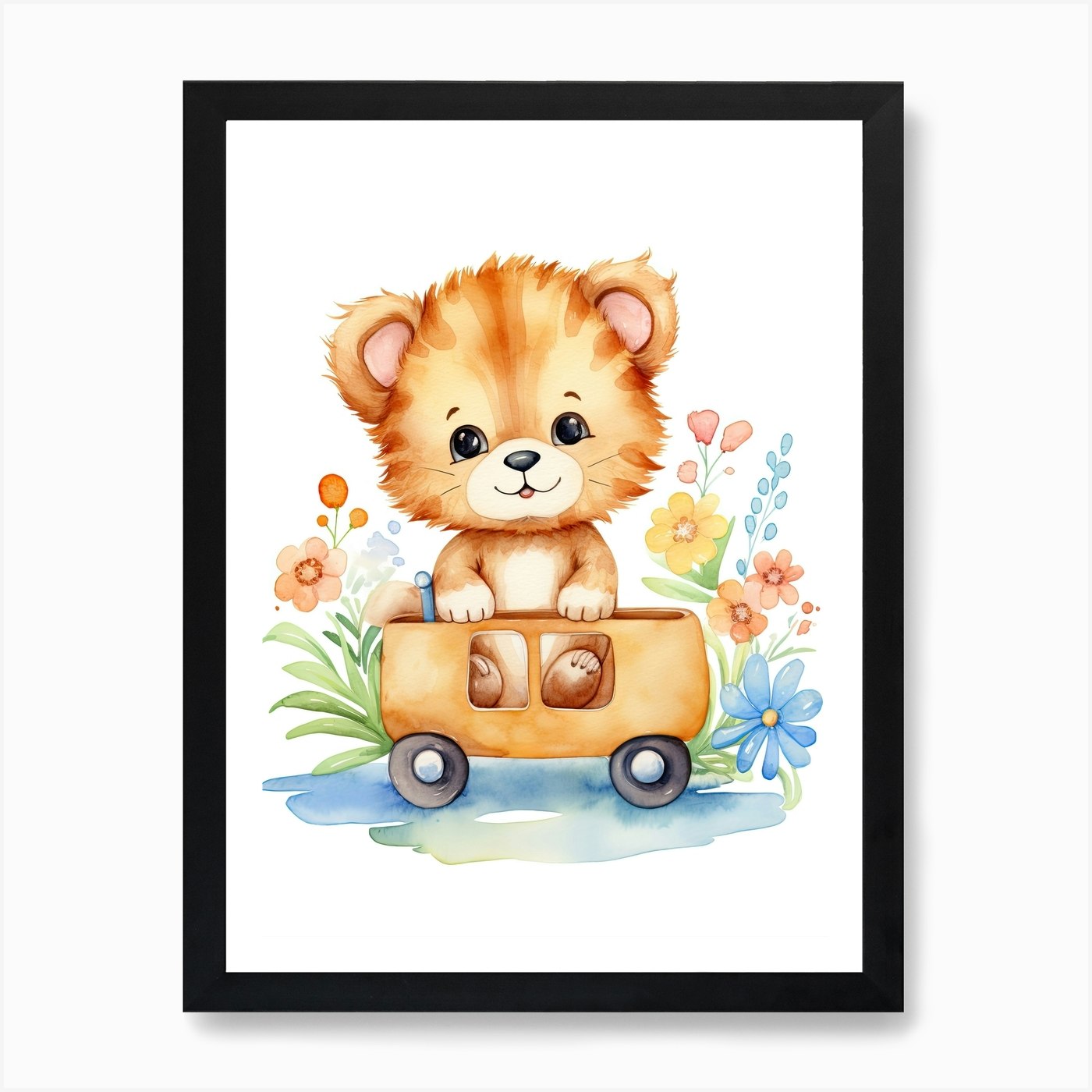 Baby Lion On A Toy Car, Watercolour Framed Wall Art Poster Canvas Print Picture