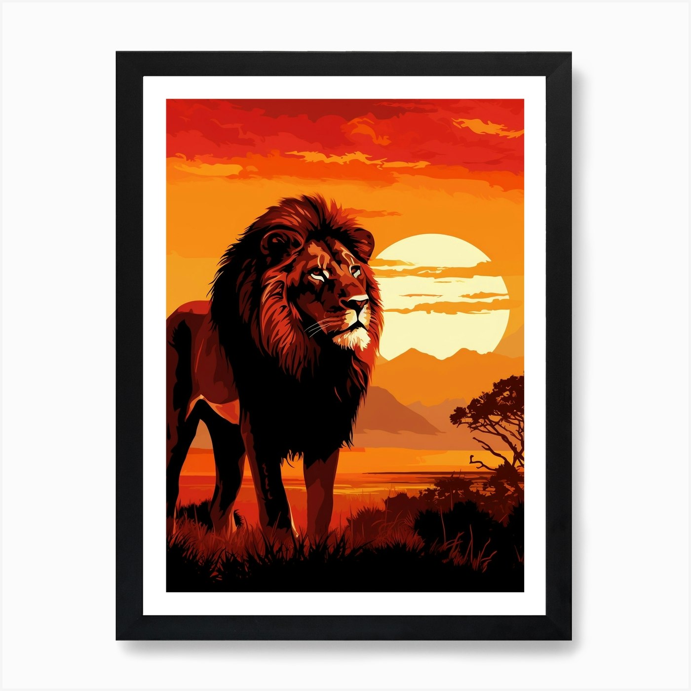 African Lion Sunset Painting 3 Art Framed Wall Art Poster Canvas Print Picture