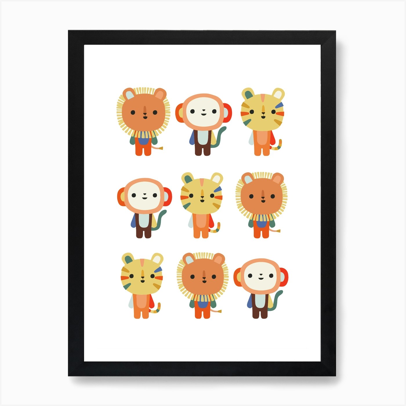 Cute Kawaii Lions Playful Pattern A Framed Wall Art Poster Canvas Print Picture