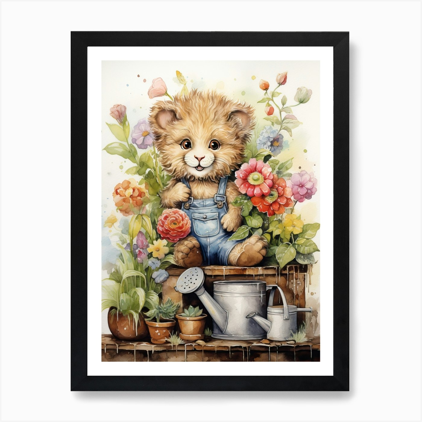 Gardening Watercolour Lion Art Pain Framed Wall Art Poster Canvas Print Picture