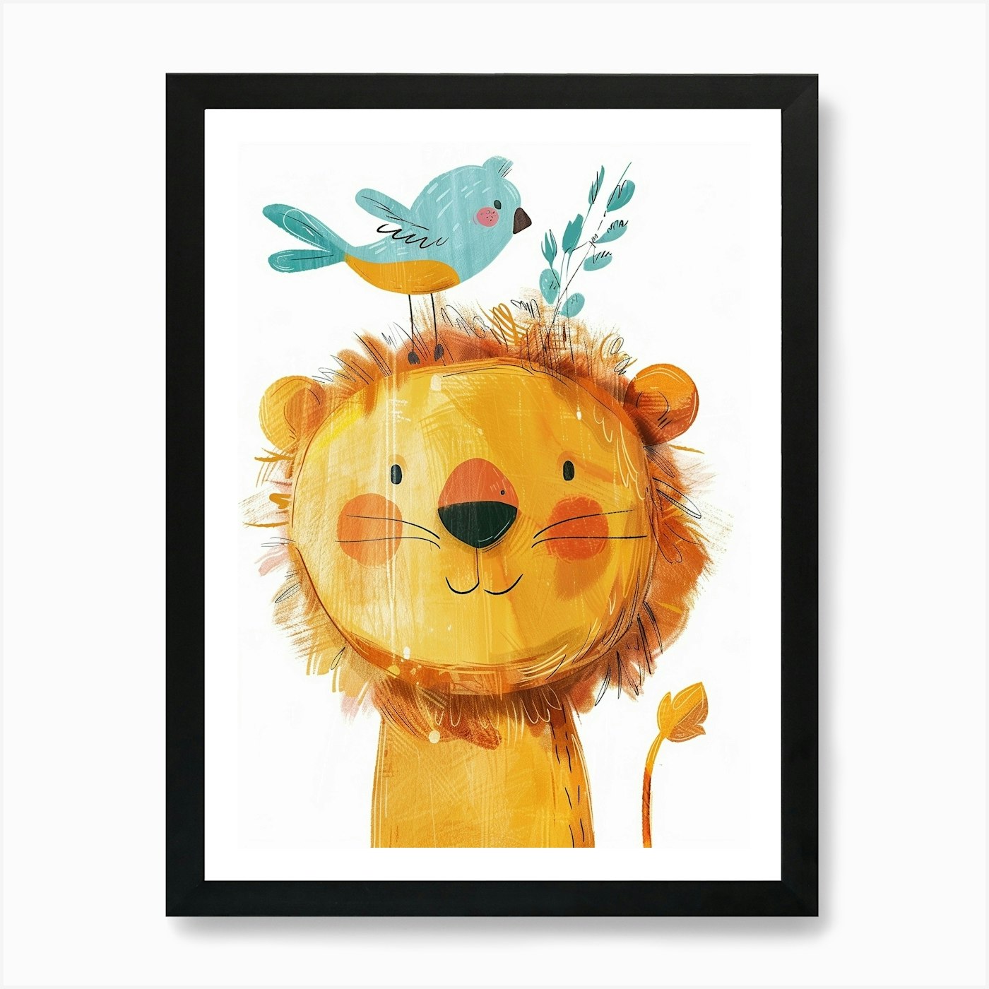 Small Joyful Lion With A Bird On It Framed Wall Art Poster Canvas Print Picture