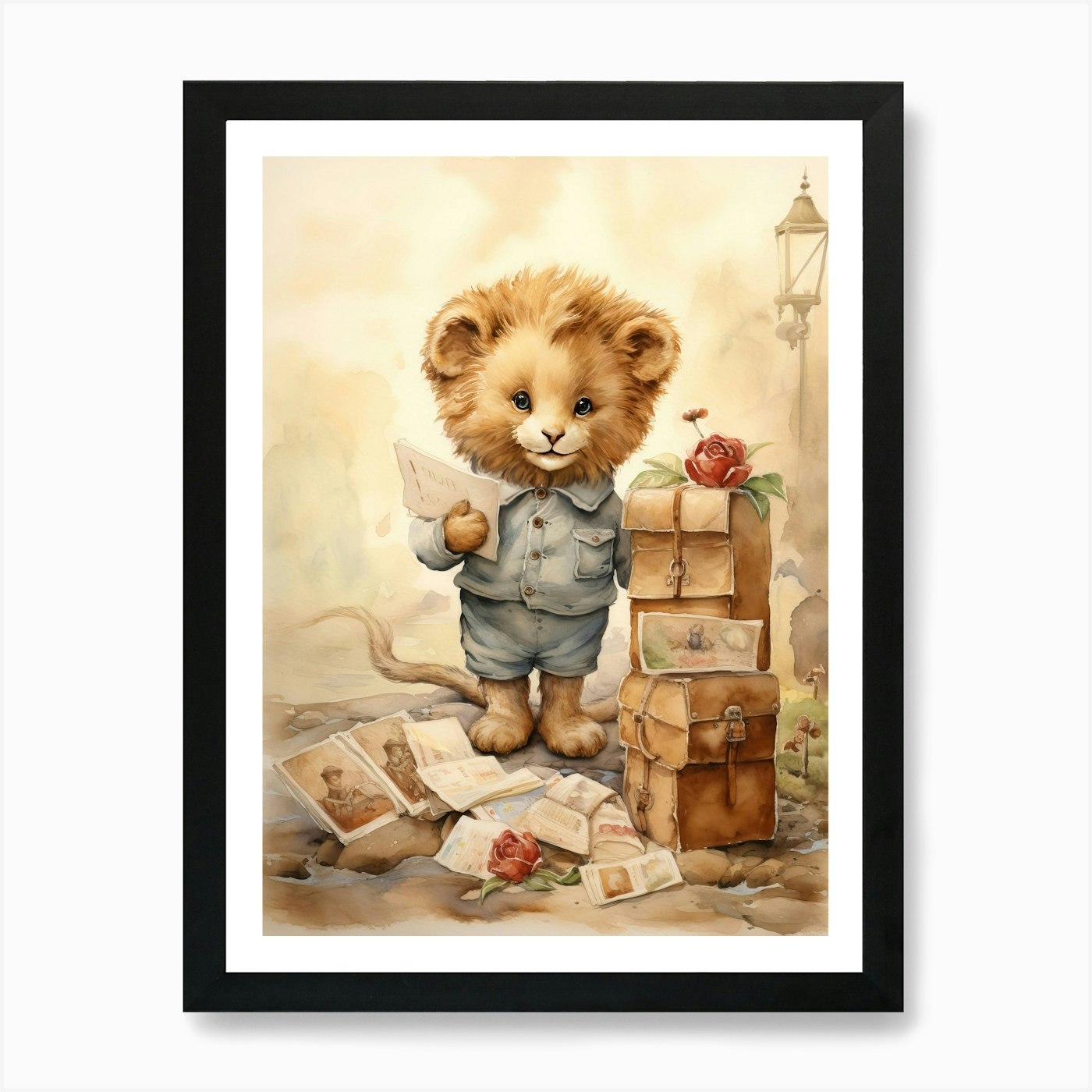 Collecting Stamps Watercolour Lion Framed Wall Art Poster Canvas Print Picture