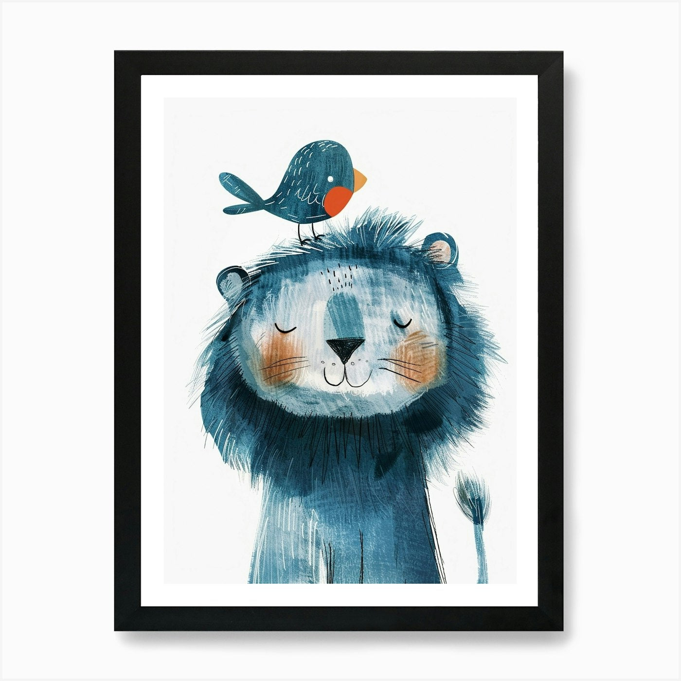 Small Joyful Lion With A Bird On It Framed Wall Art Poster Canvas Print Picture