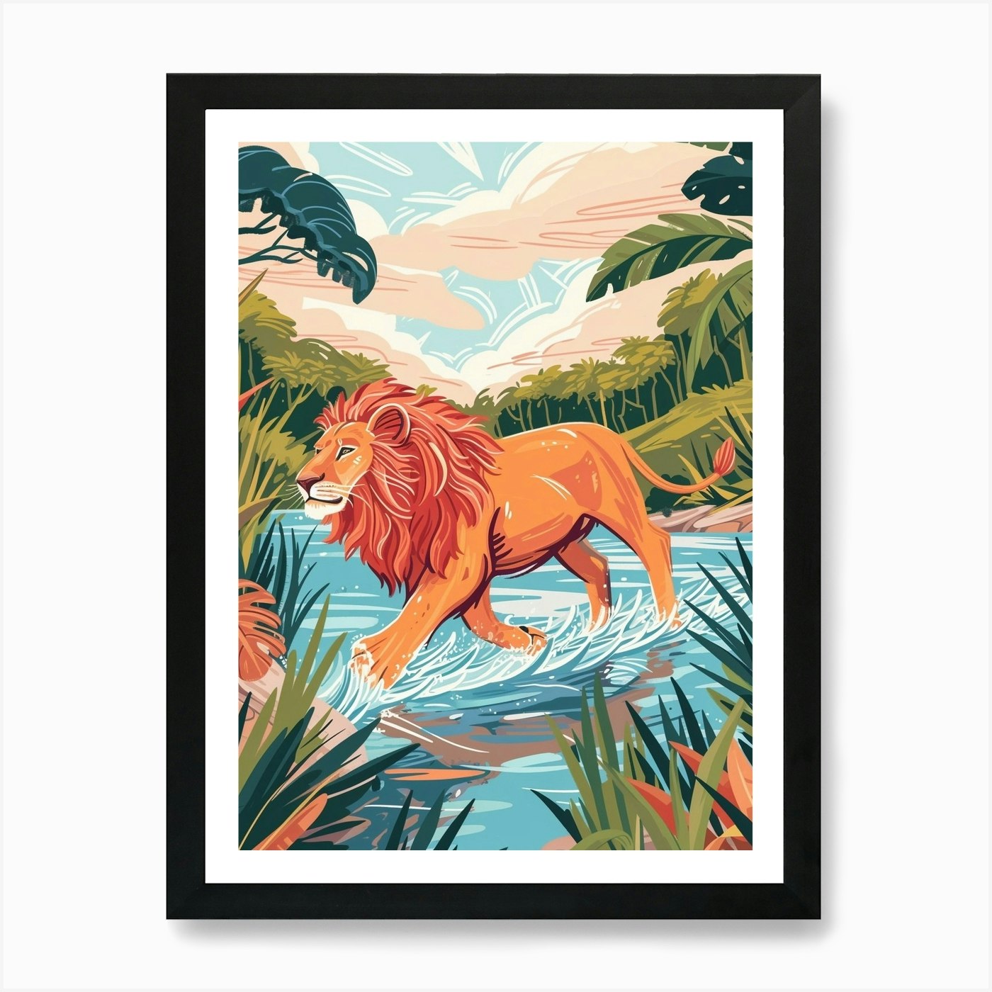 African Lion Crossing A River Illus Framed Wall Art Poster Canvas Print Picture