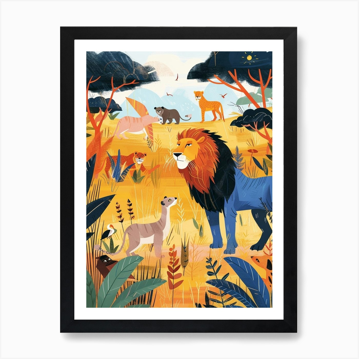 African Lion Interaction With Other Framed Wall Art Poster Canvas Print Picture