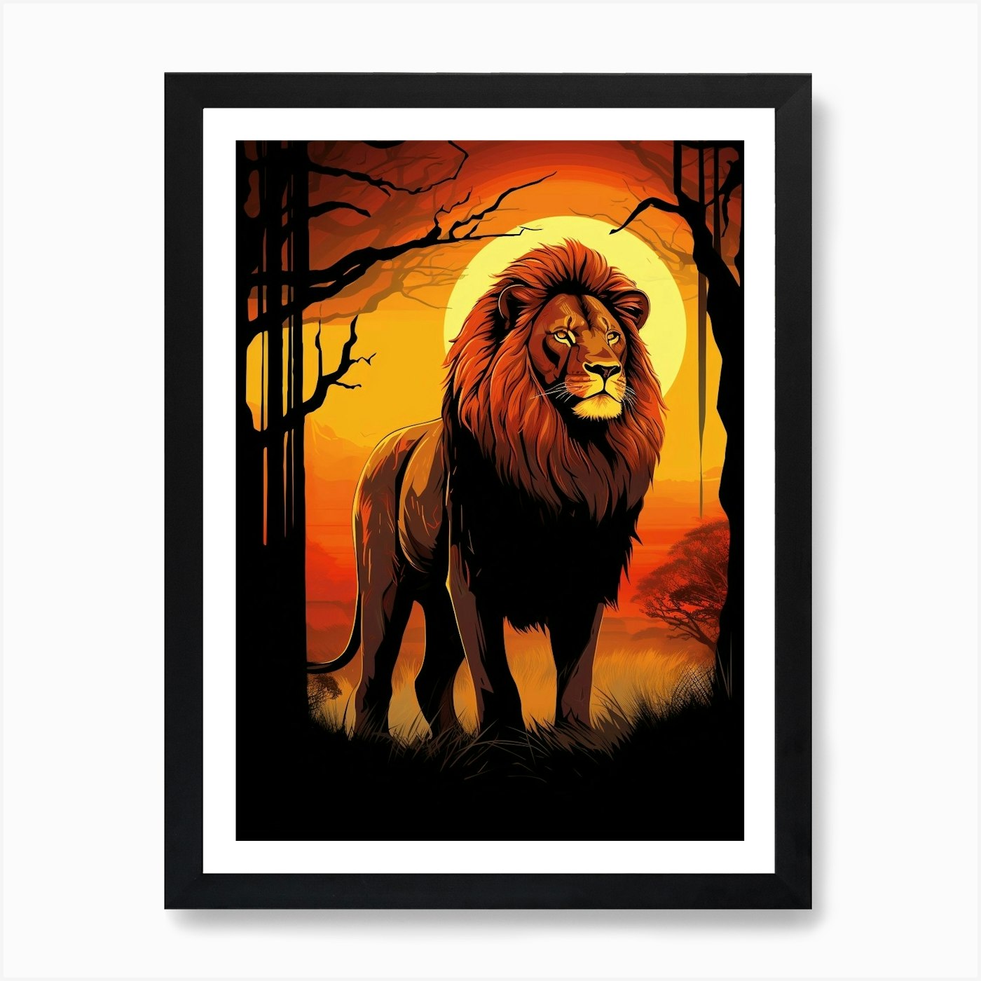 African Lion Sunset Painting 2 Art Framed Wall Art Poster Canvas Print Picture