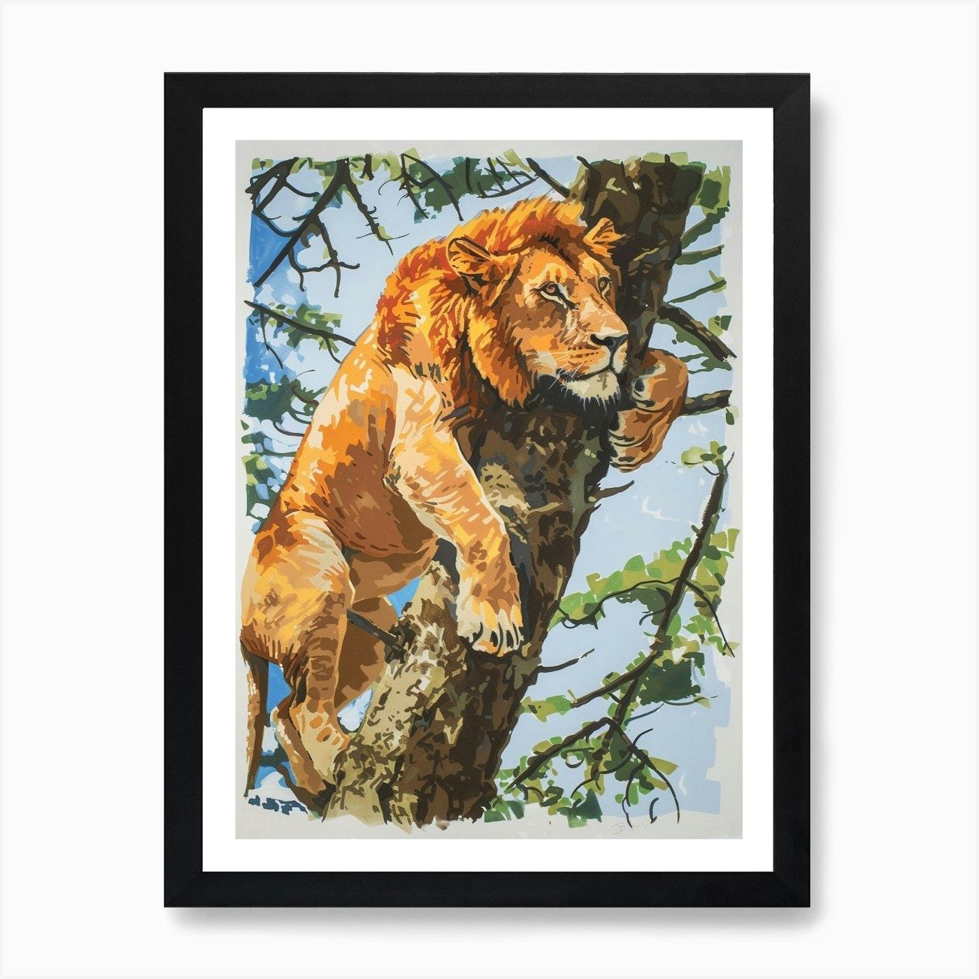 Masai Lion Climbing A Tree Fauvist Framed Wall Art Poster Canvas Print Picture