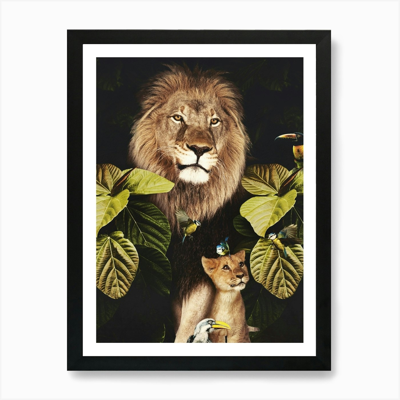 Lions and Cub Art Print Framed Wall Art Poster Canvas Print Picture