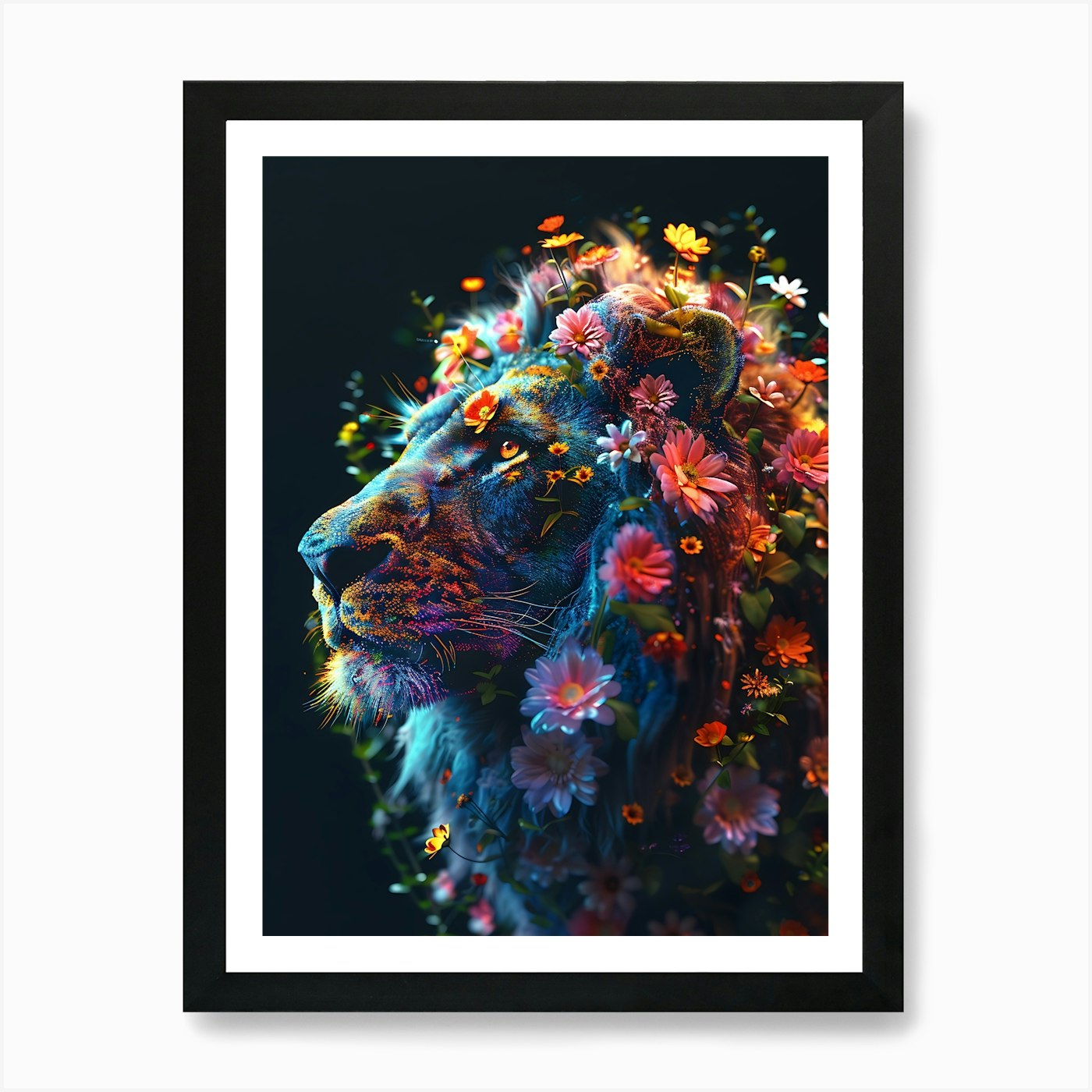 Lion With Flowers 3 Art Print Framed Wall Art Poster Canvas Print Picture