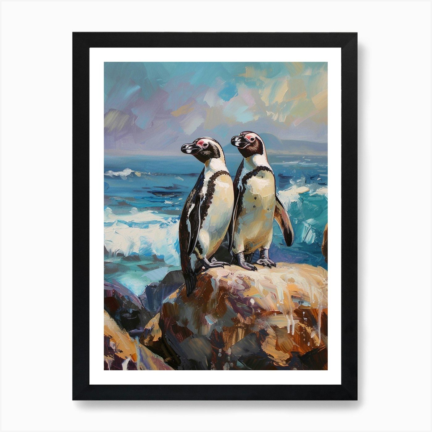 African Penguin Sea Lion Island Oil Framed Wall Art Poster Canvas Print Picture