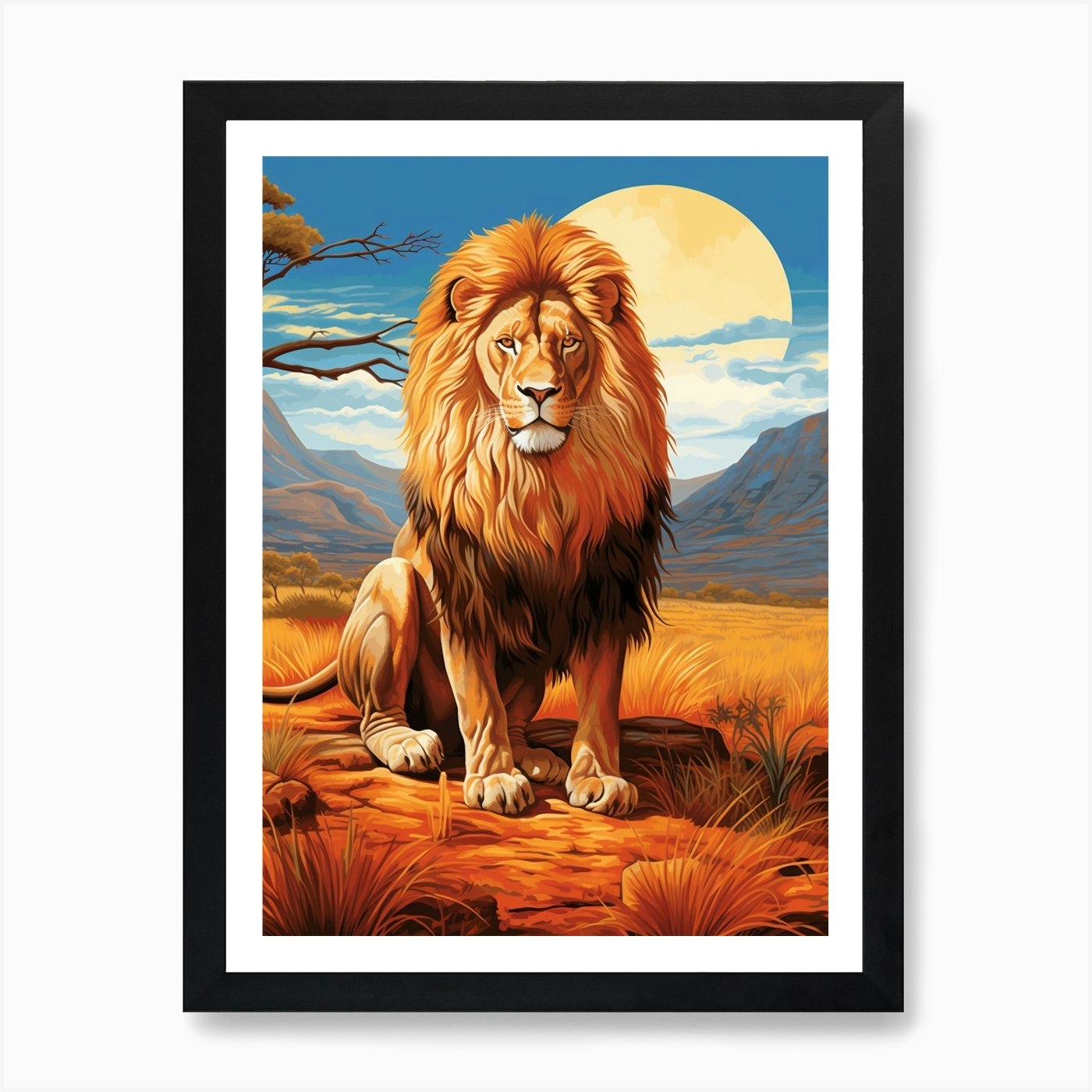African Lion In The African Savanna Framed Wall Art Poster Canvas Print Picture