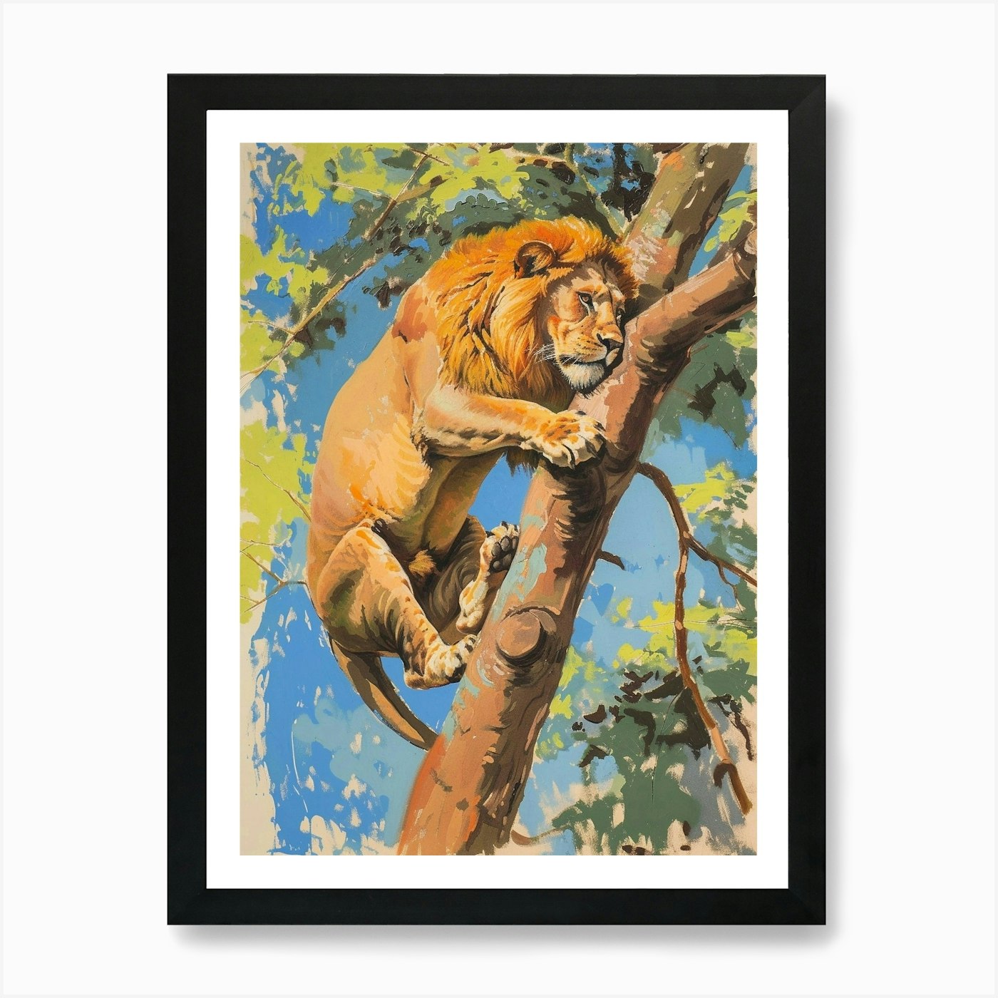 Asiatic Lion Climbing A Tree Fauvis Framed Wall Art Poster Canvas Print Picture