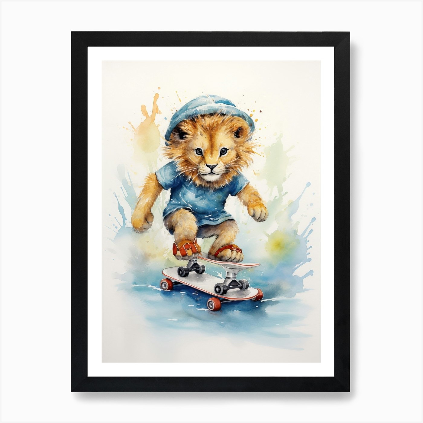 Skateboarding Watercolour Lion Art Framed Wall Art Poster Canvas Print Picture