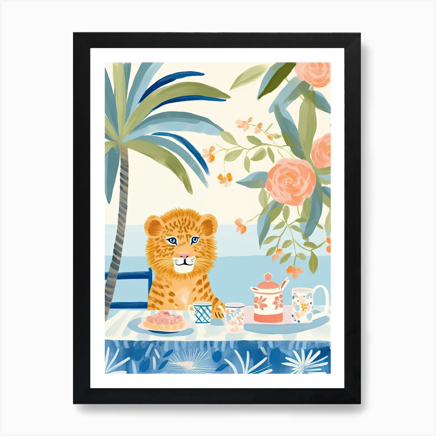 Animals Having Tea Lion 5 Art Print Framed Wall Art Poster Canvas Print Picture