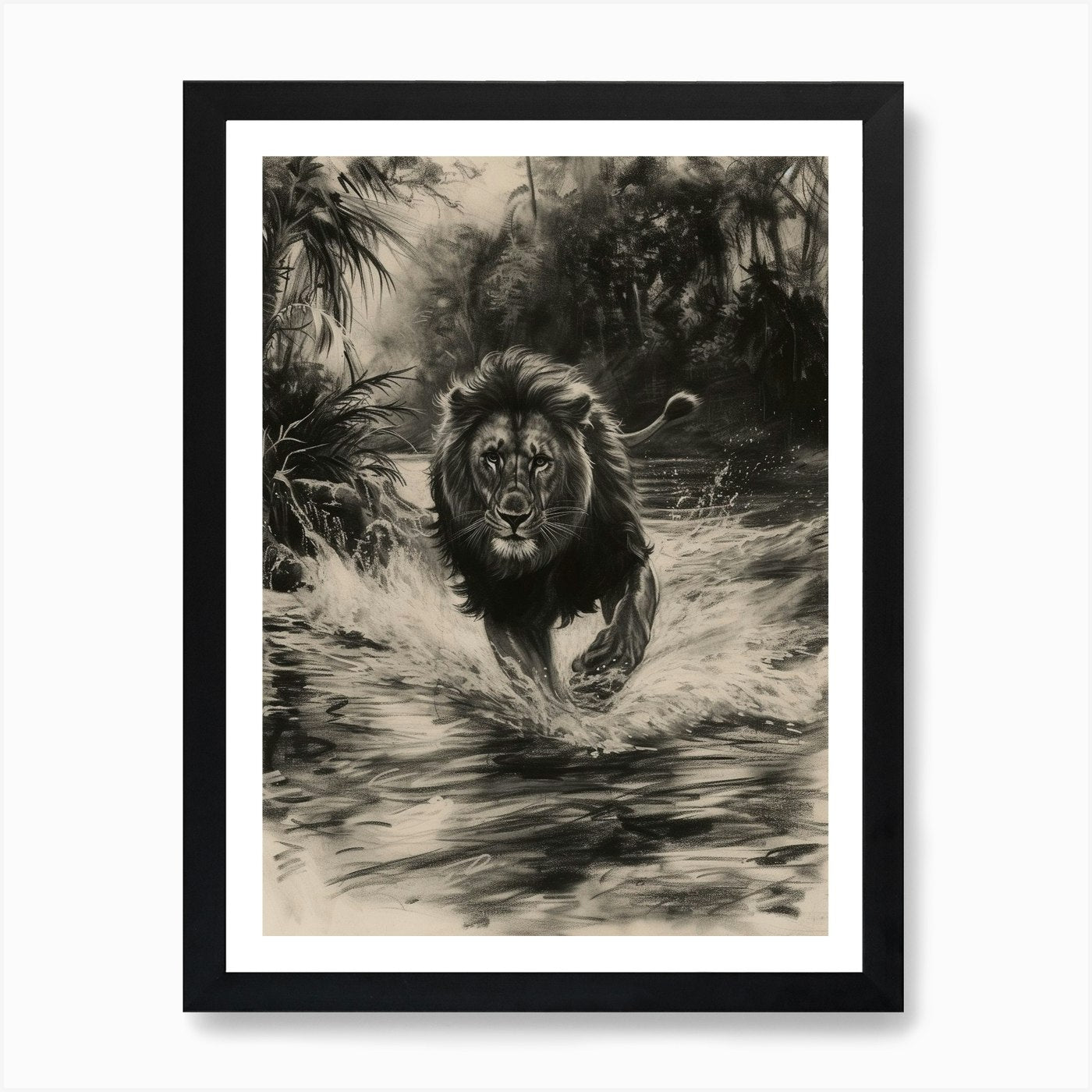 African Lion Charcoal Drawing Cross Framed Wall Art Poster Canvas Print Picture