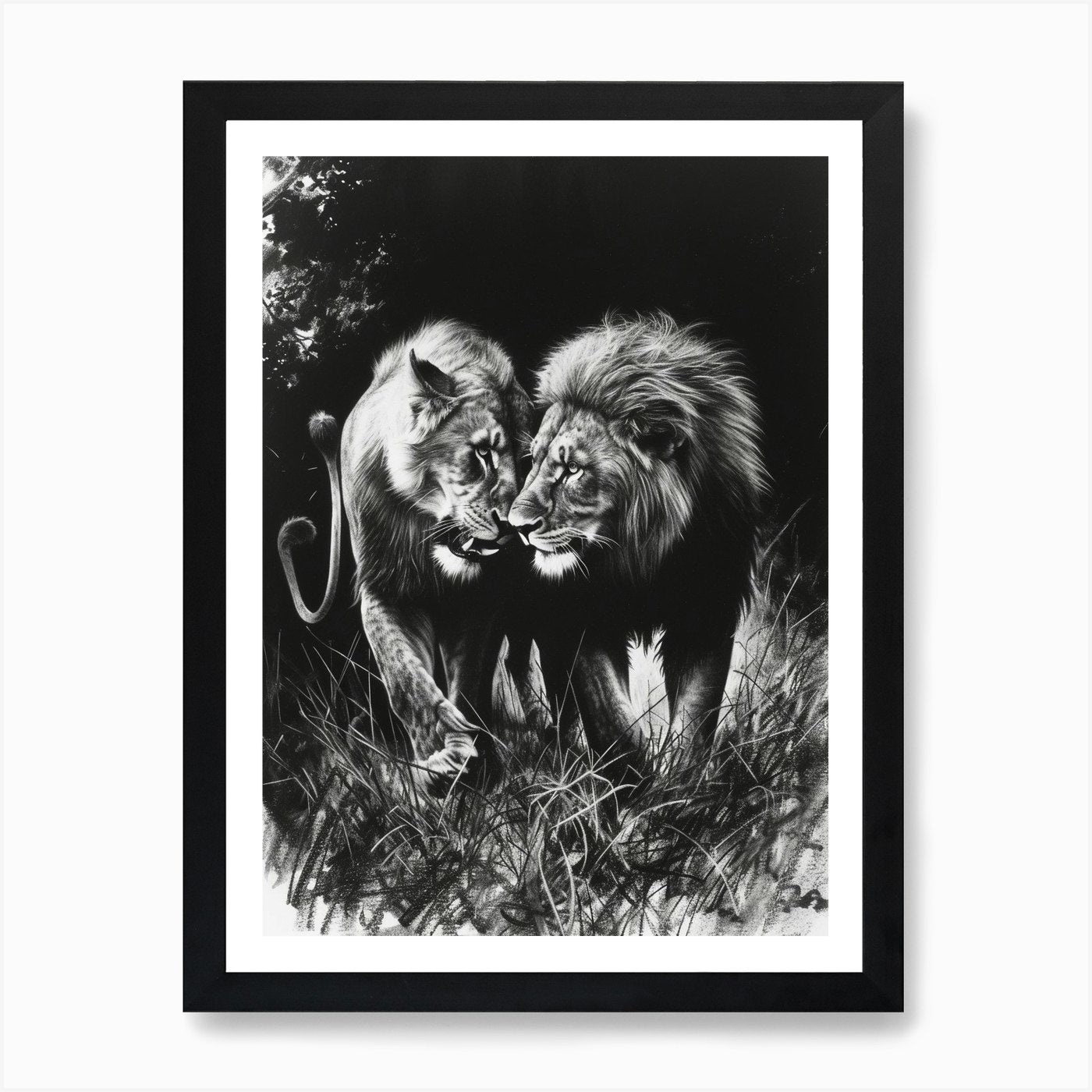African Lion Charcoal Drawing Ritua Framed Wall Art Poster Canvas Print Picture