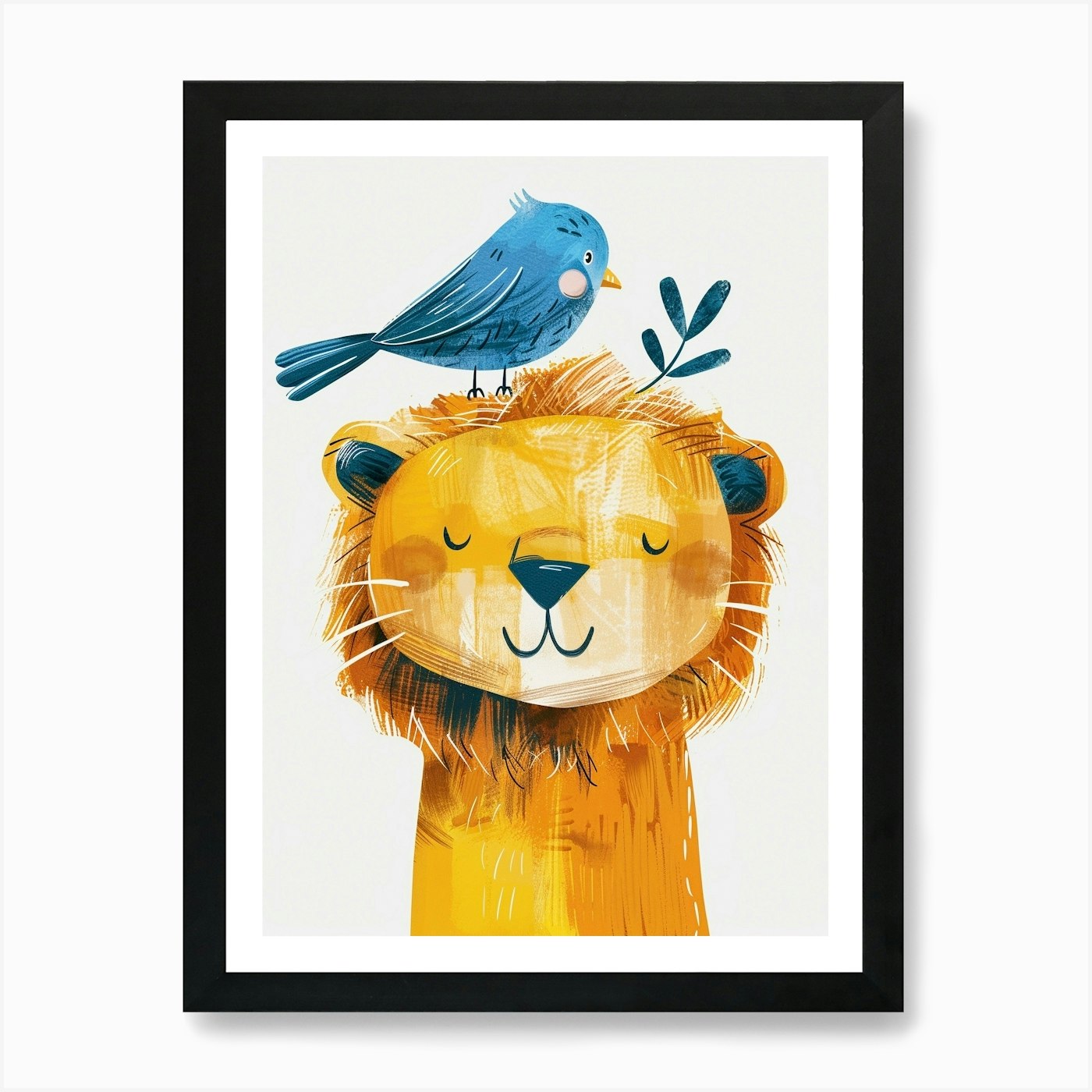 Small Joyful Lion With A Bird On It Framed Wall Art Poster Canvas Print Picture
