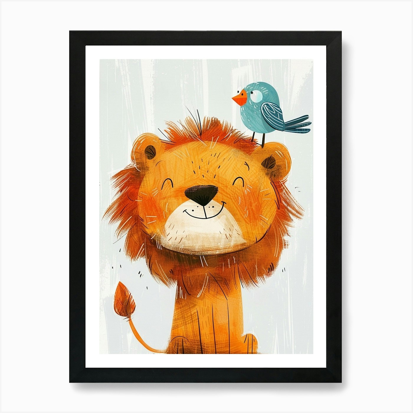 Small Joyful Lion With A Bird On It Framed Wall Art Poster Canvas Print Picture