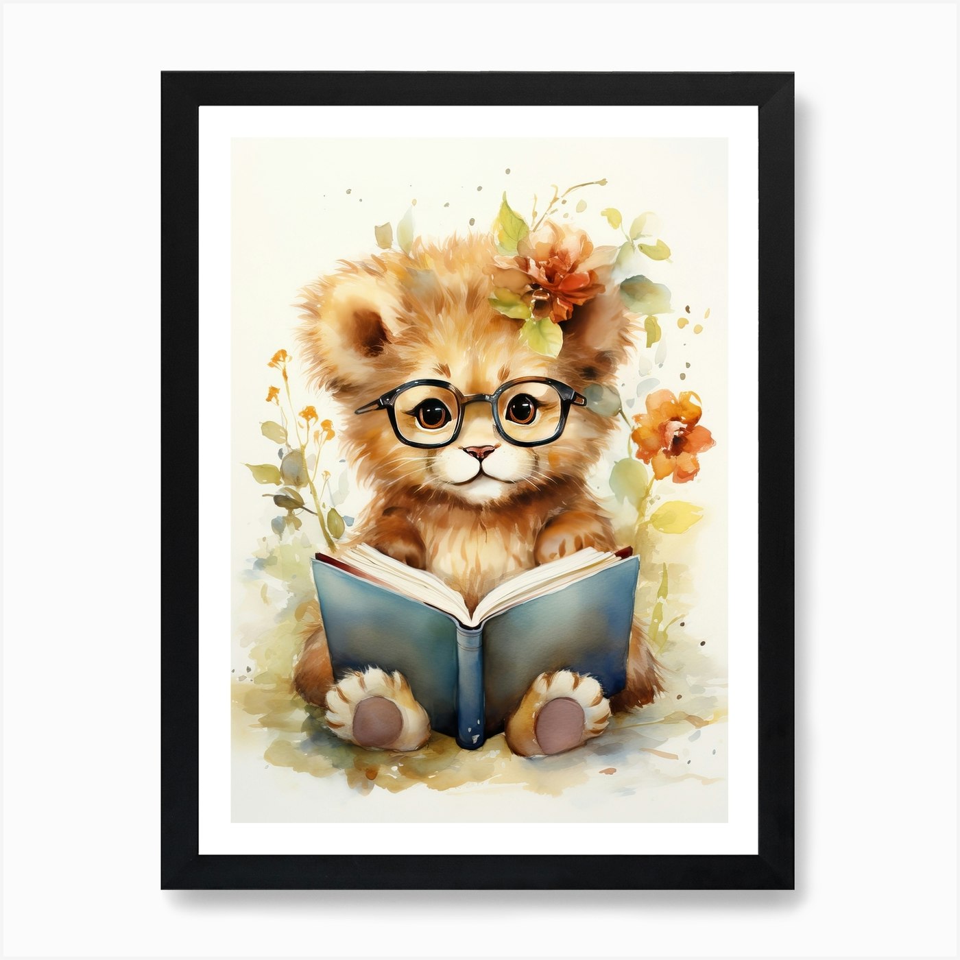 Reading Books Watercolour Lion Art Framed Wall Art Poster Canvas Print Picture