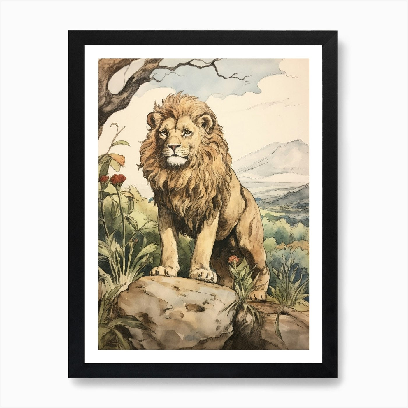Storybook Animal Watercolour Lion 3 Framed Wall Art Poster Canvas Print Picture