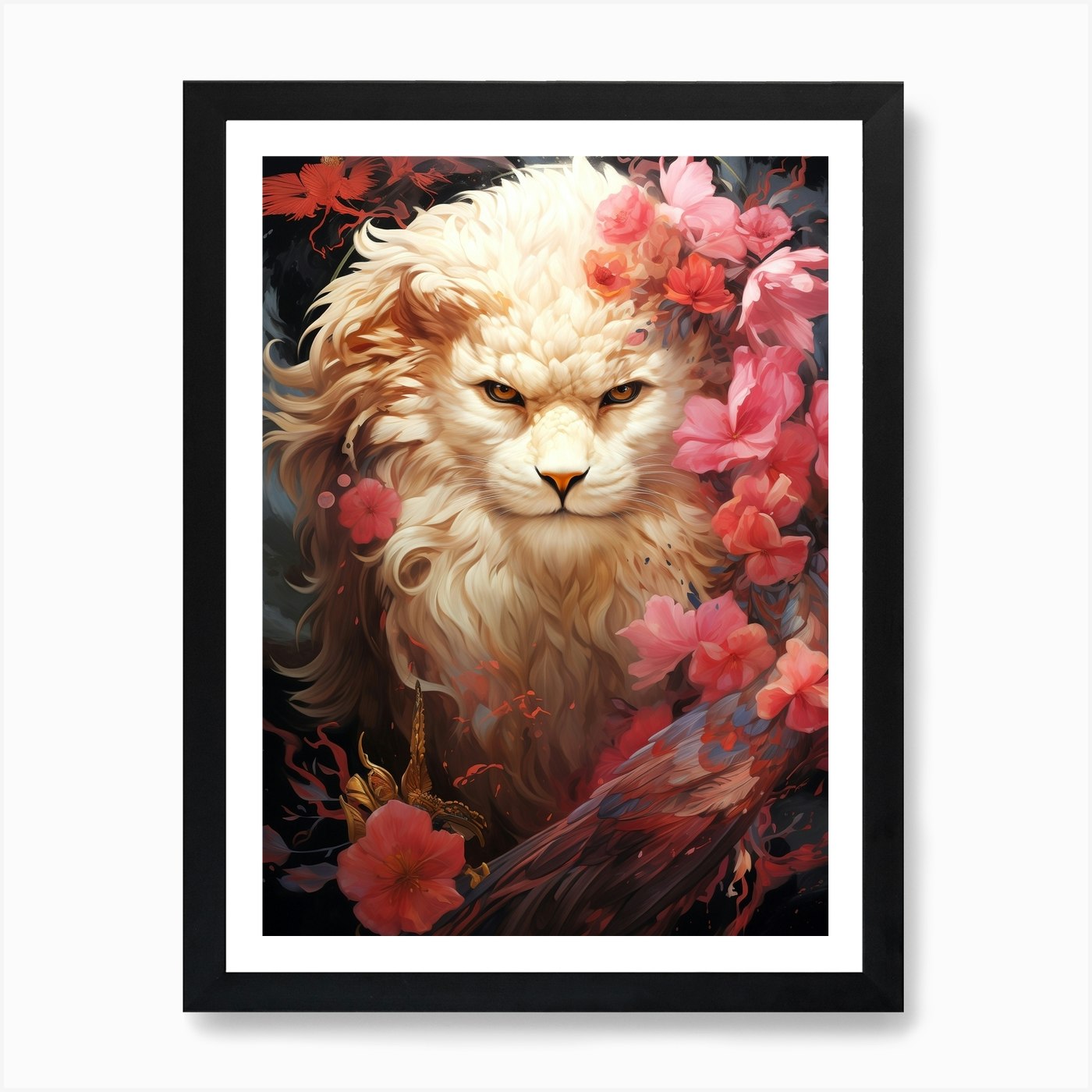 Lion With Flowers Art Print Framed Wall Art Poster Canvas Print Picture