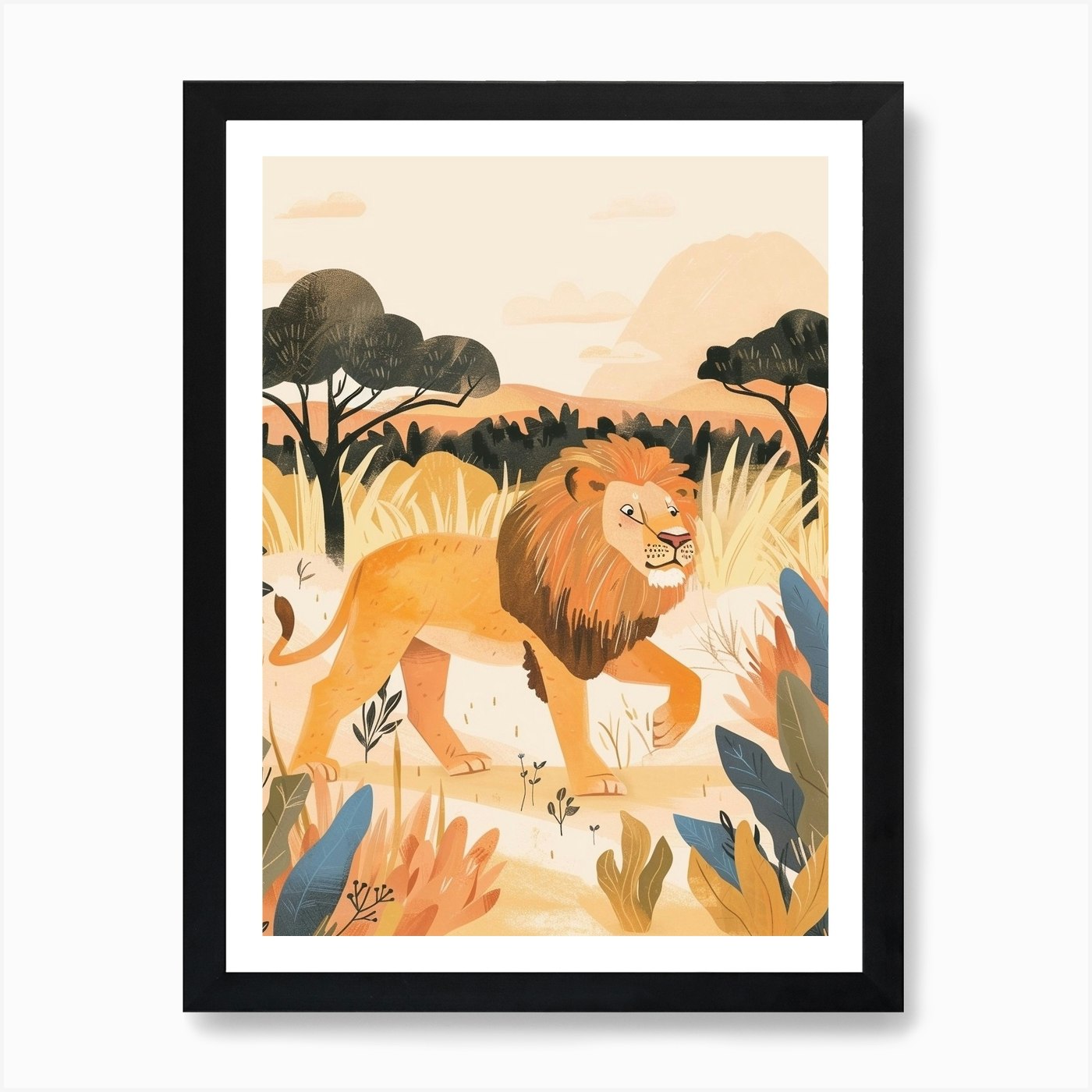 African Lion Hunting In The Savanna Framed Wall Art Poster Canvas Print Picture