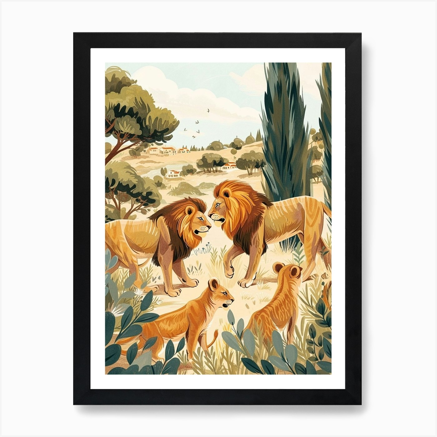Barbary Lion Interaction Illustrati Framed Wall Art Poster Canvas Print Picture