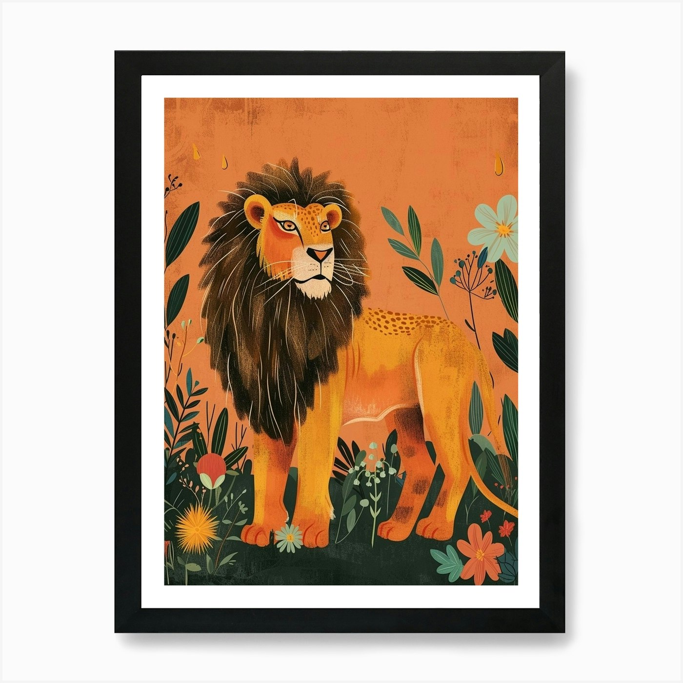 African Lion Symbolic Imagery Illus Framed Wall Art Poster Canvas Print Picture