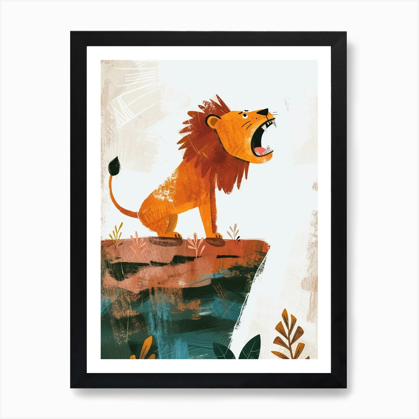 African Lion Roaring On A Cliff Cli Framed Wall Art Poster Canvas Print Picture
