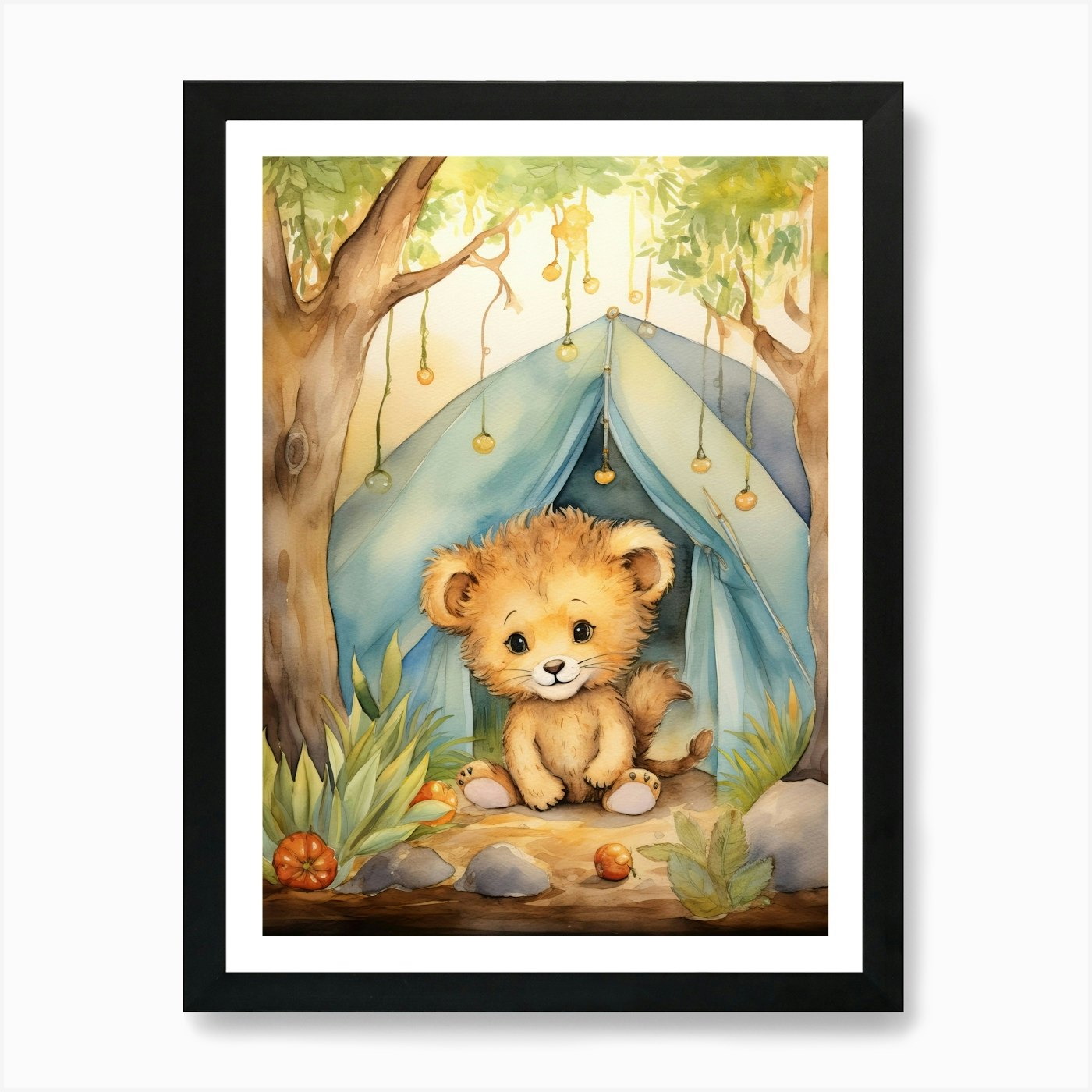 Camping Watercolour Lion Art Painti Framed Wall Art Poster Canvas Print Picture