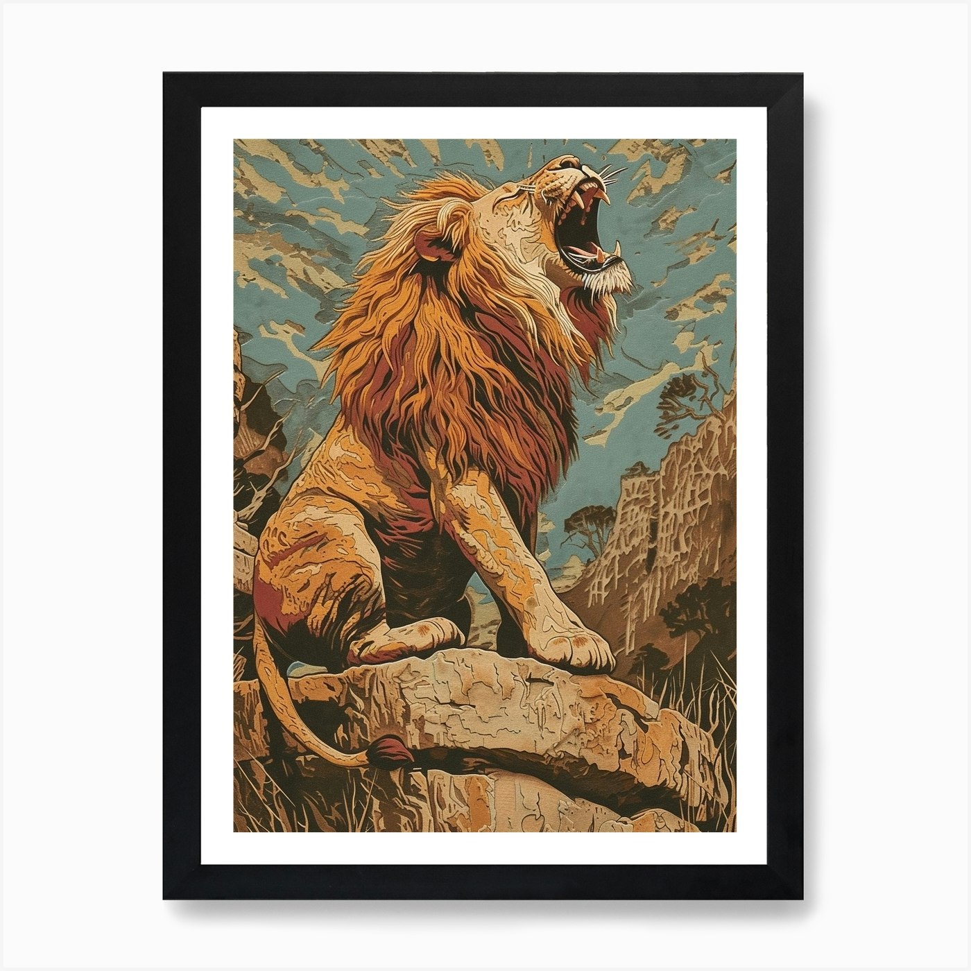 Barbary Lion Relief Illustration On Framed Wall Art Poster Canvas Print Picture