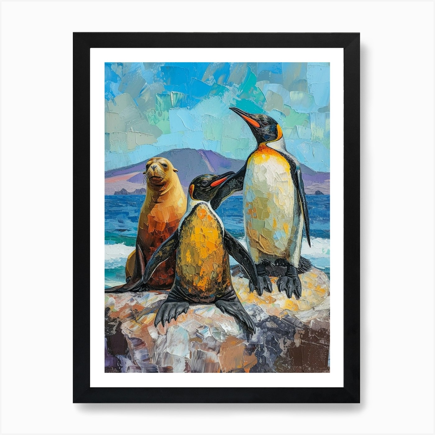 Galapagos Penguin Sea Lion Island C Framed Wall Art Poster Canvas Print Picture