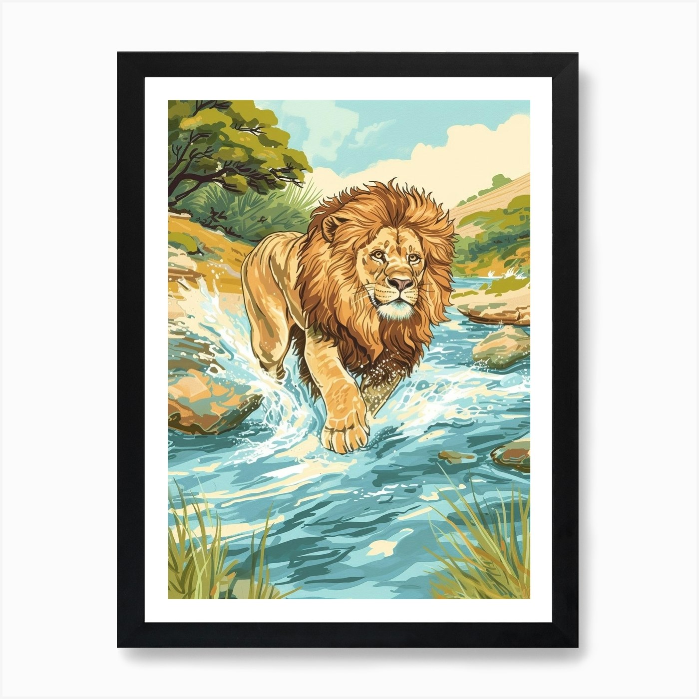 Barbary Lion Crossing A River Illus Framed Wall Art Poster Canvas Print Picture
