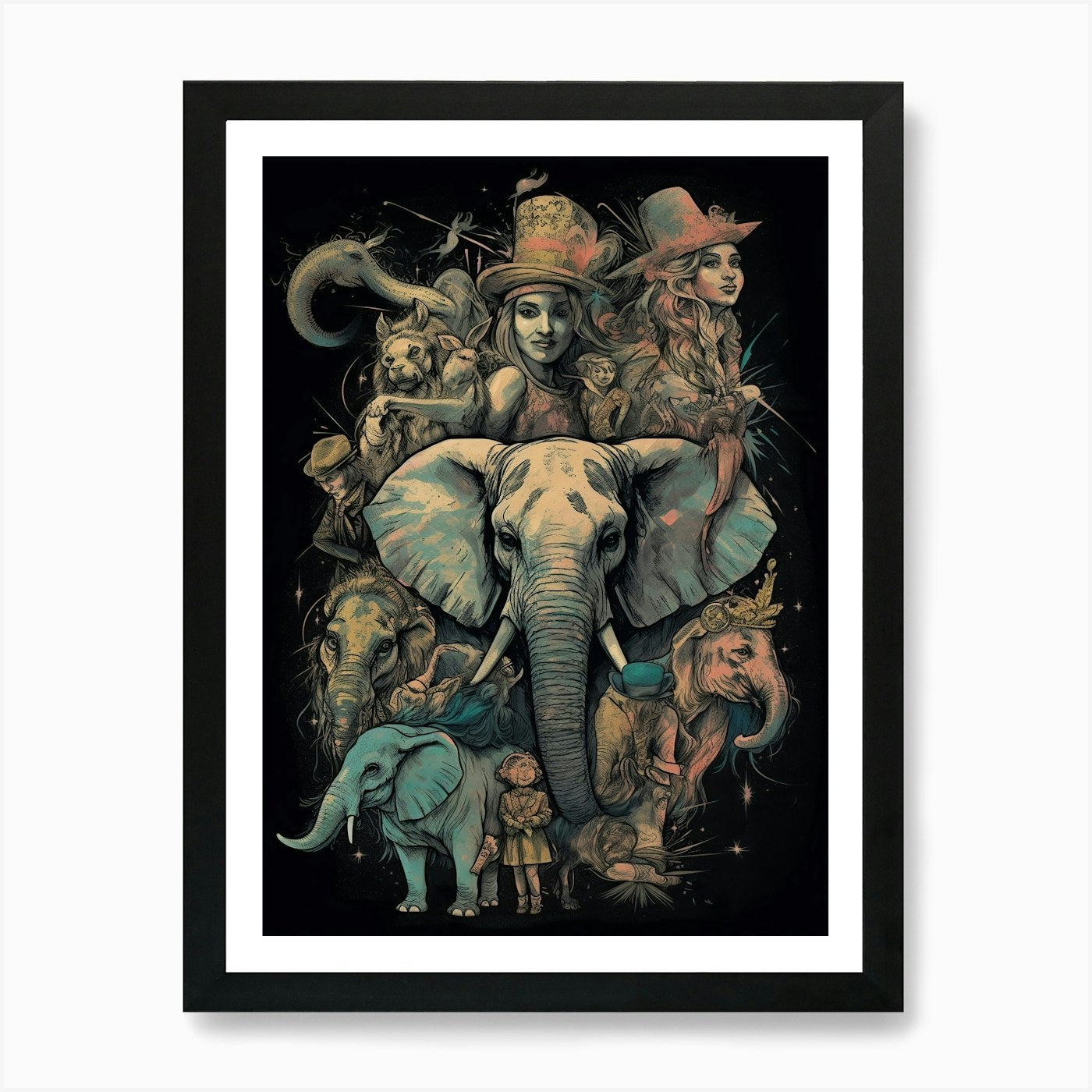 Elephants And Lions Art Print Framed Wall Art Poster Canvas Print Picture