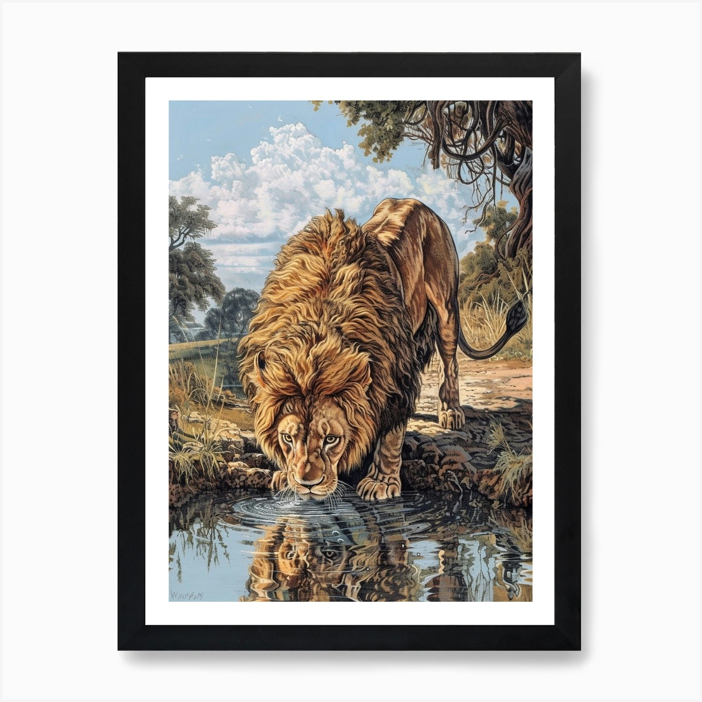 Barbary Lion Relief Illustration Dr Framed Wall Art Poster Canvas Print Picture
