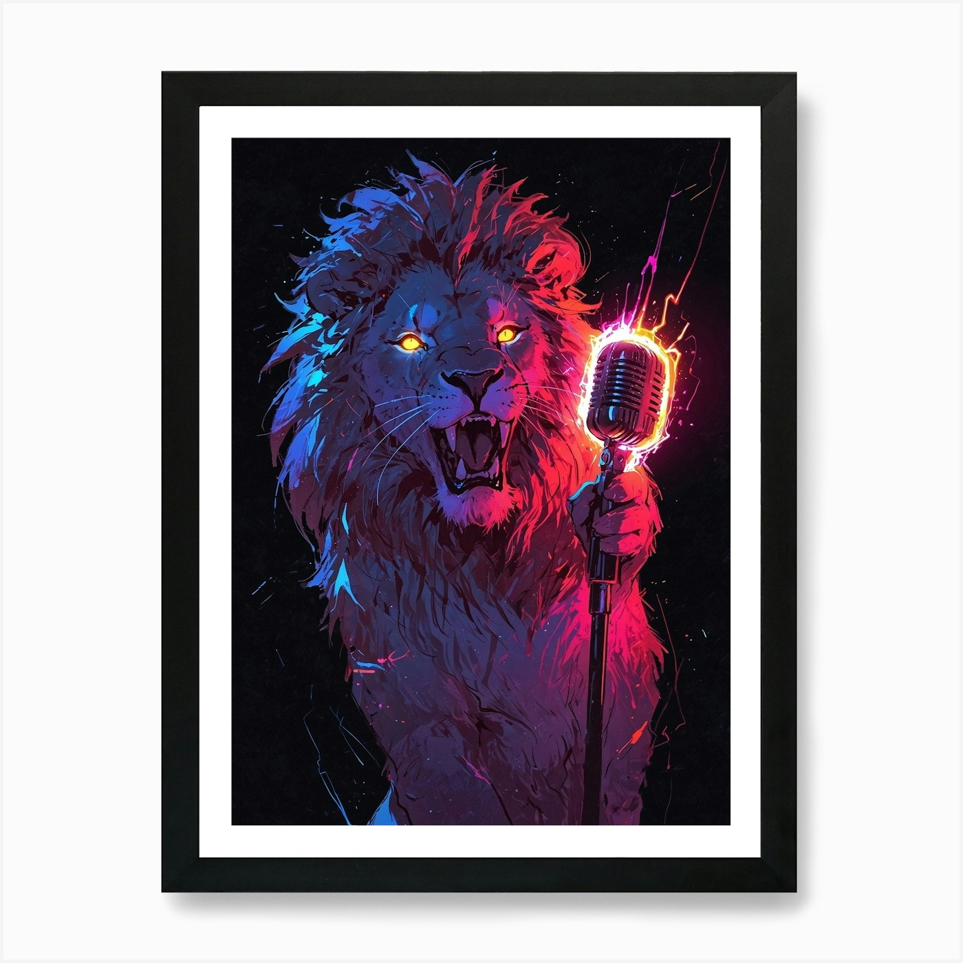 Lion With Microphone Art Print Framed Wall Art Poster Canvas Print Picture