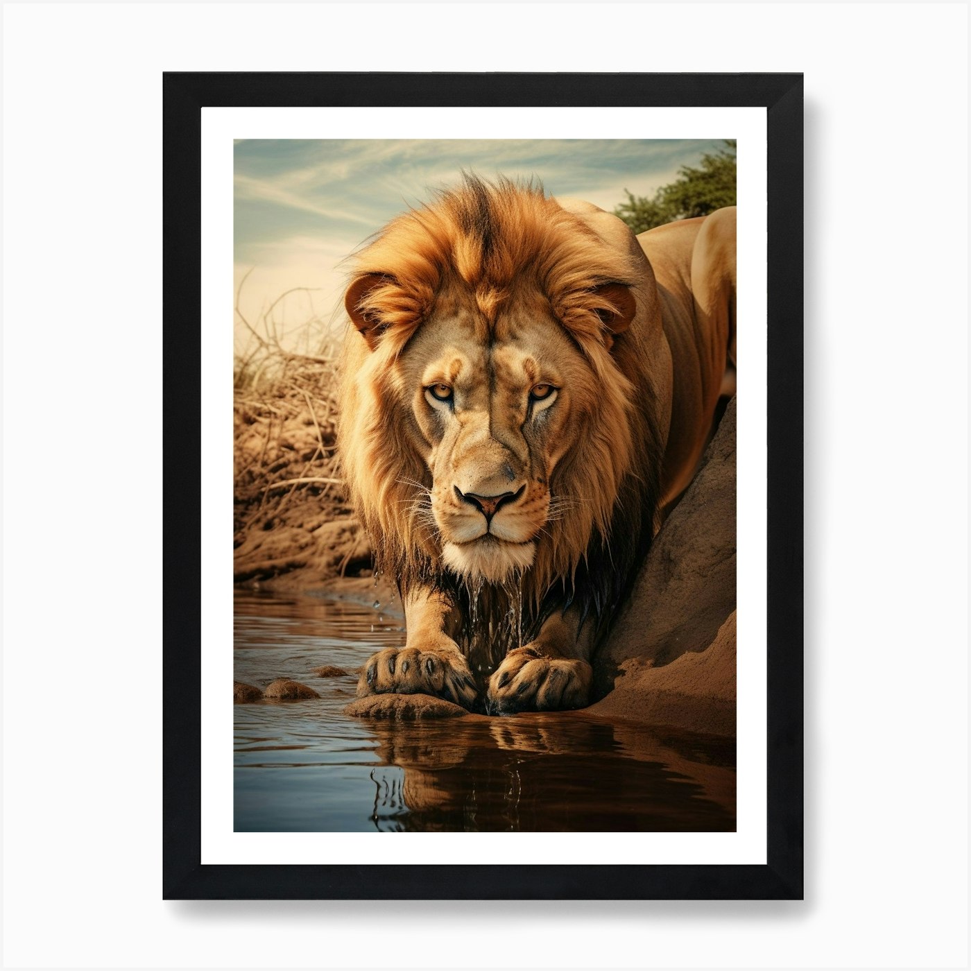 African Lion Drinking From A Stream Framed Wall Art Poster Canvas Print Picture