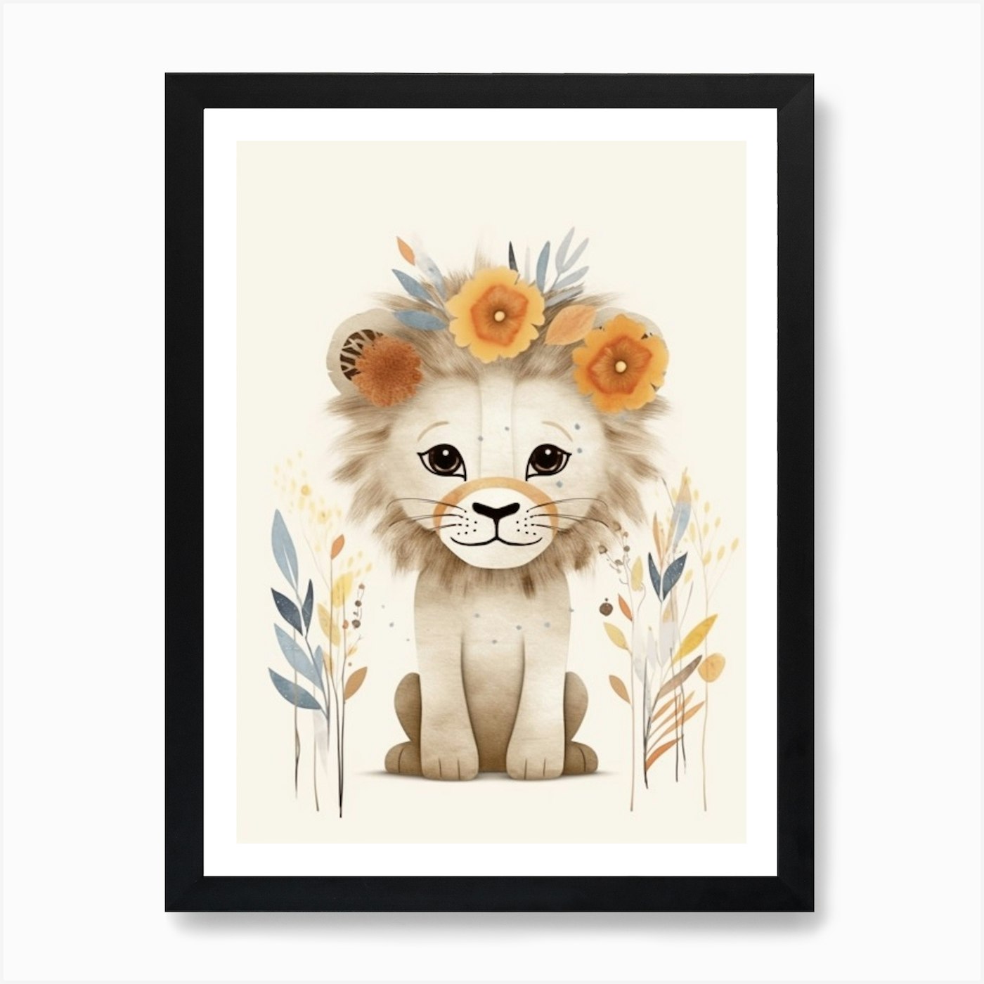 Watercolour Jungle Animal Baby Lion Framed Wall Art Poster Canvas Print Picture