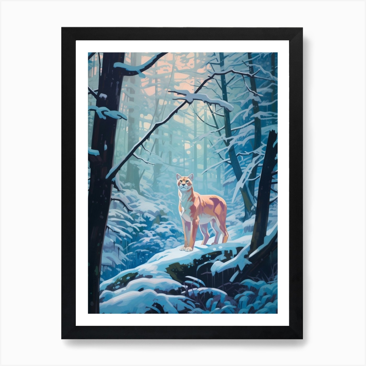 Winter Mountain Lion 2 Illustration Framed Wall Art Poster Canvas Print Picture