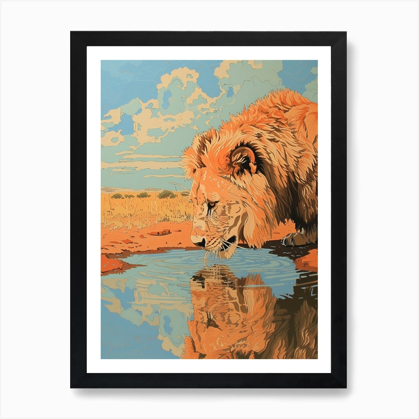 African Lion Relief Illustration Dr Framed Wall Art Poster Canvas Print Picture