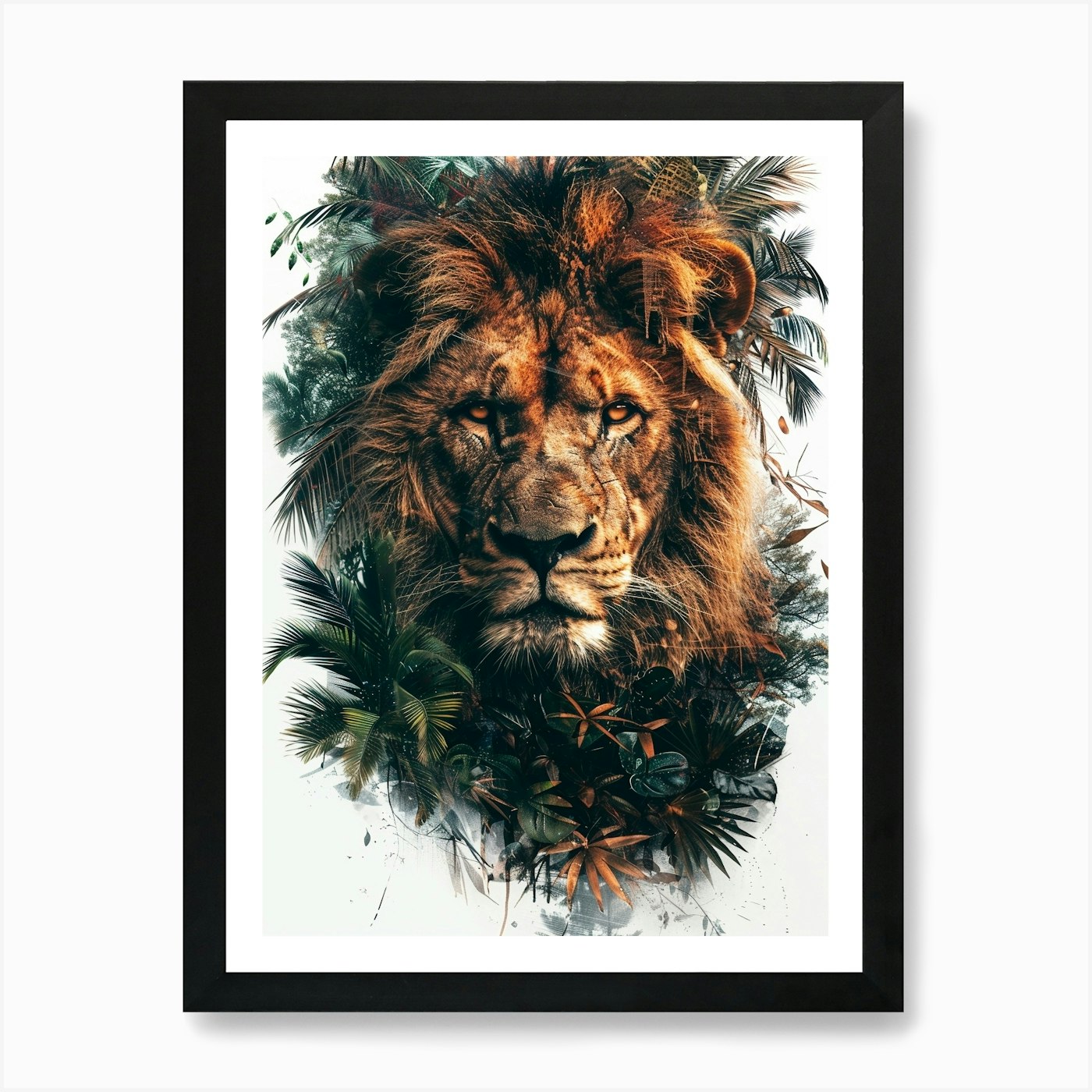 Double Exposure Realistic Lion With Framed Wall Art Poster Canvas Print Picture