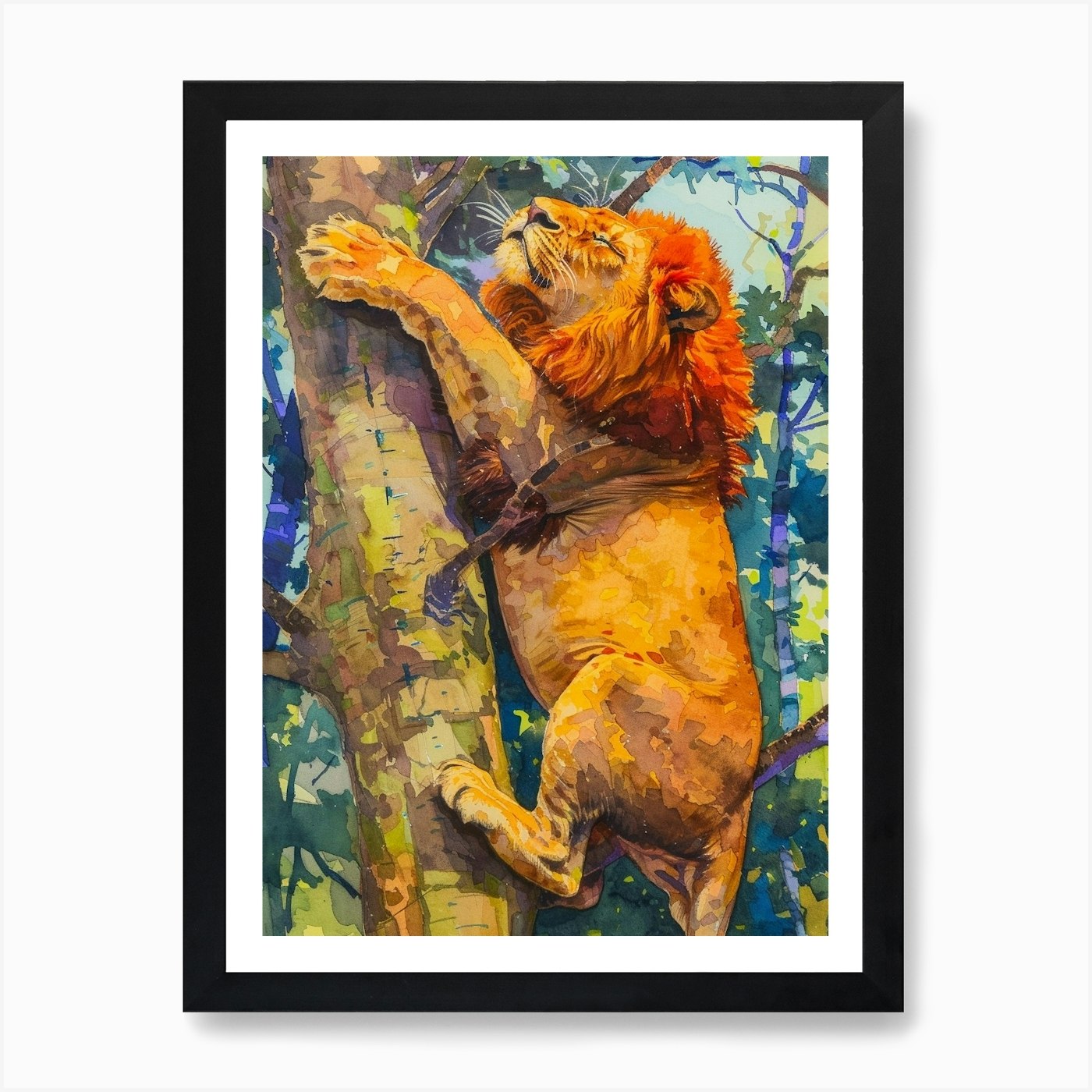 Masai Lion Climbing A Tree Fauvist Framed Wall Art Poster Canvas Print Picture