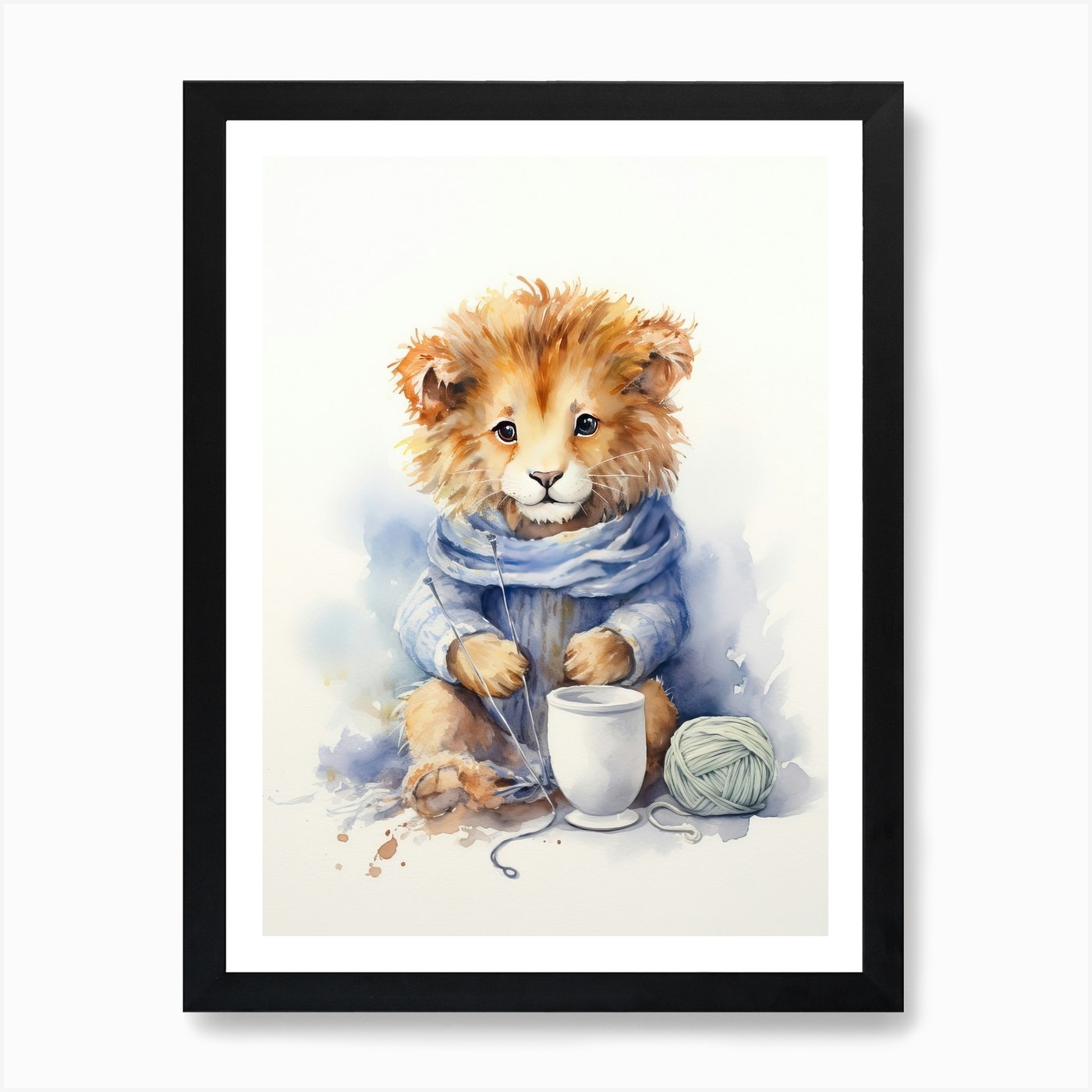 Knitting Watercolour Lion Art Paint Framed Wall Art Poster Canvas Print Picture