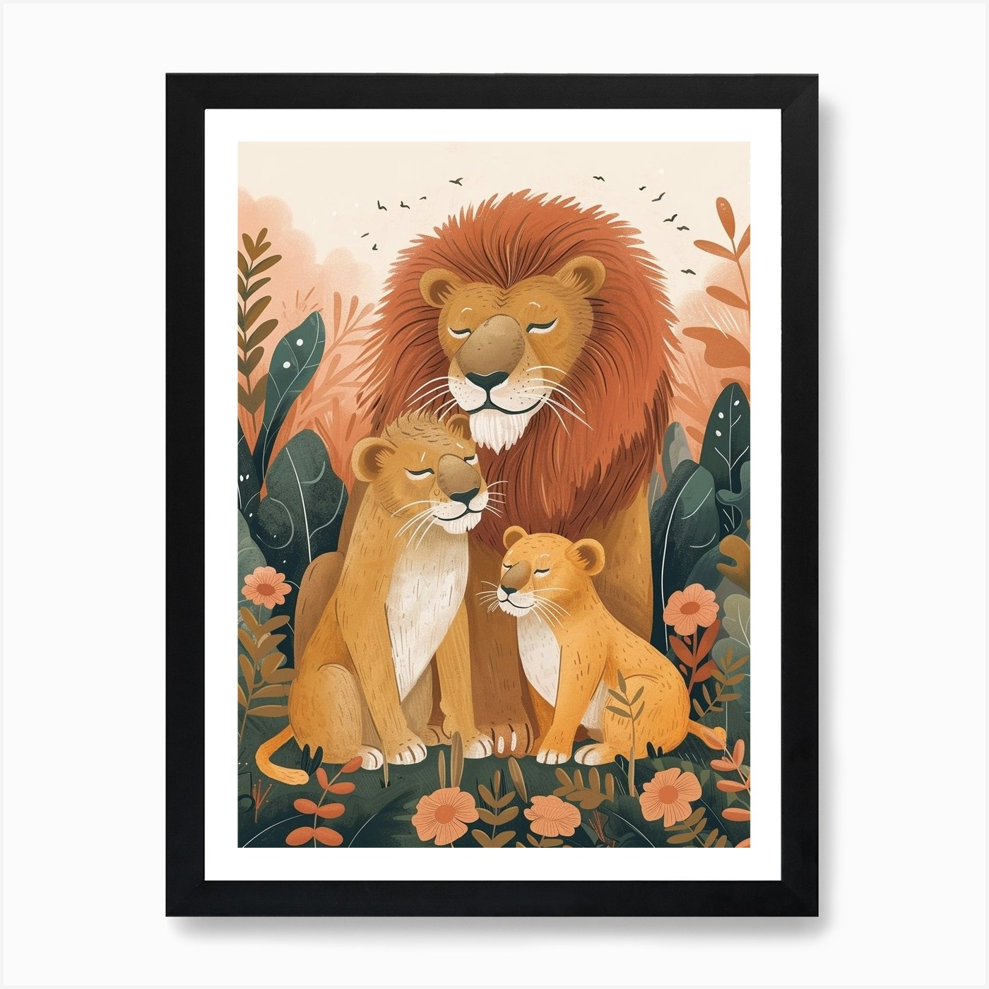 Barbary Lion Family Bonding Illutra Framed Wall Art Poster Canvas Print Picture