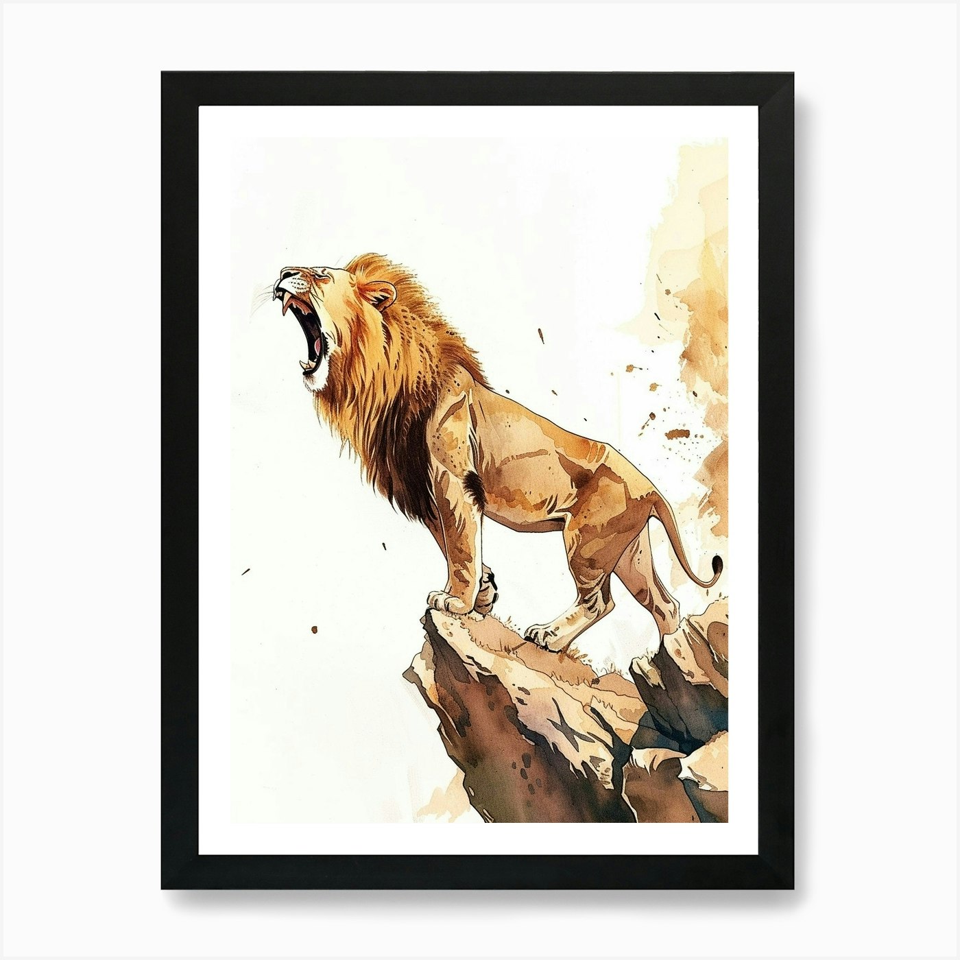 African Lion Roaring On A Cliff Cli Framed Wall Art Poster Canvas Print Picture