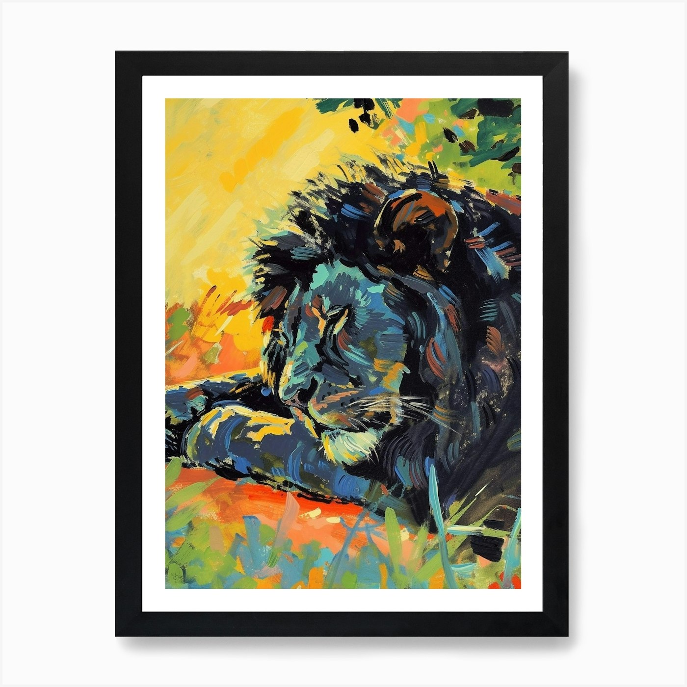Black Lion Resting In The Sun Fauvi Framed Wall Art Poster Canvas Print Picture