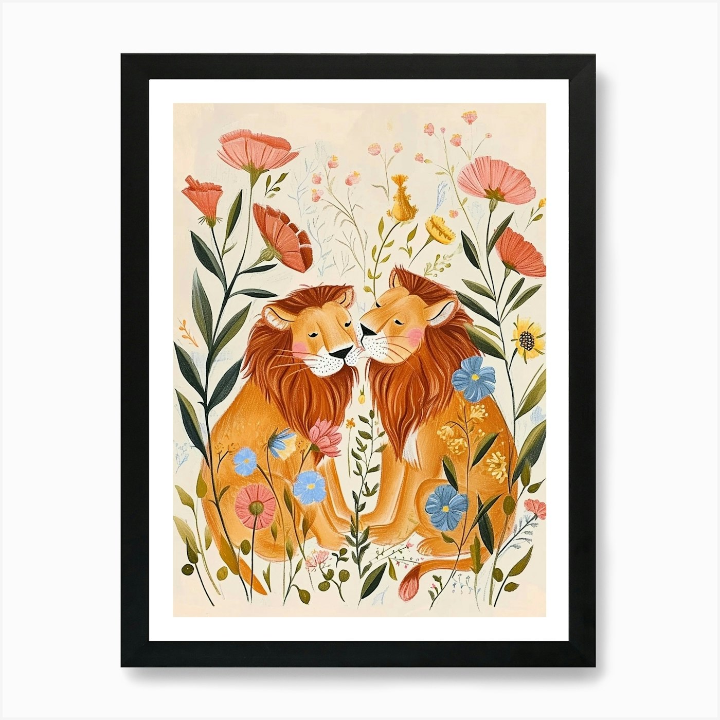 Folksy Floral Animal Drawing Lion A Framed Wall Art Poster Canvas Print Picture