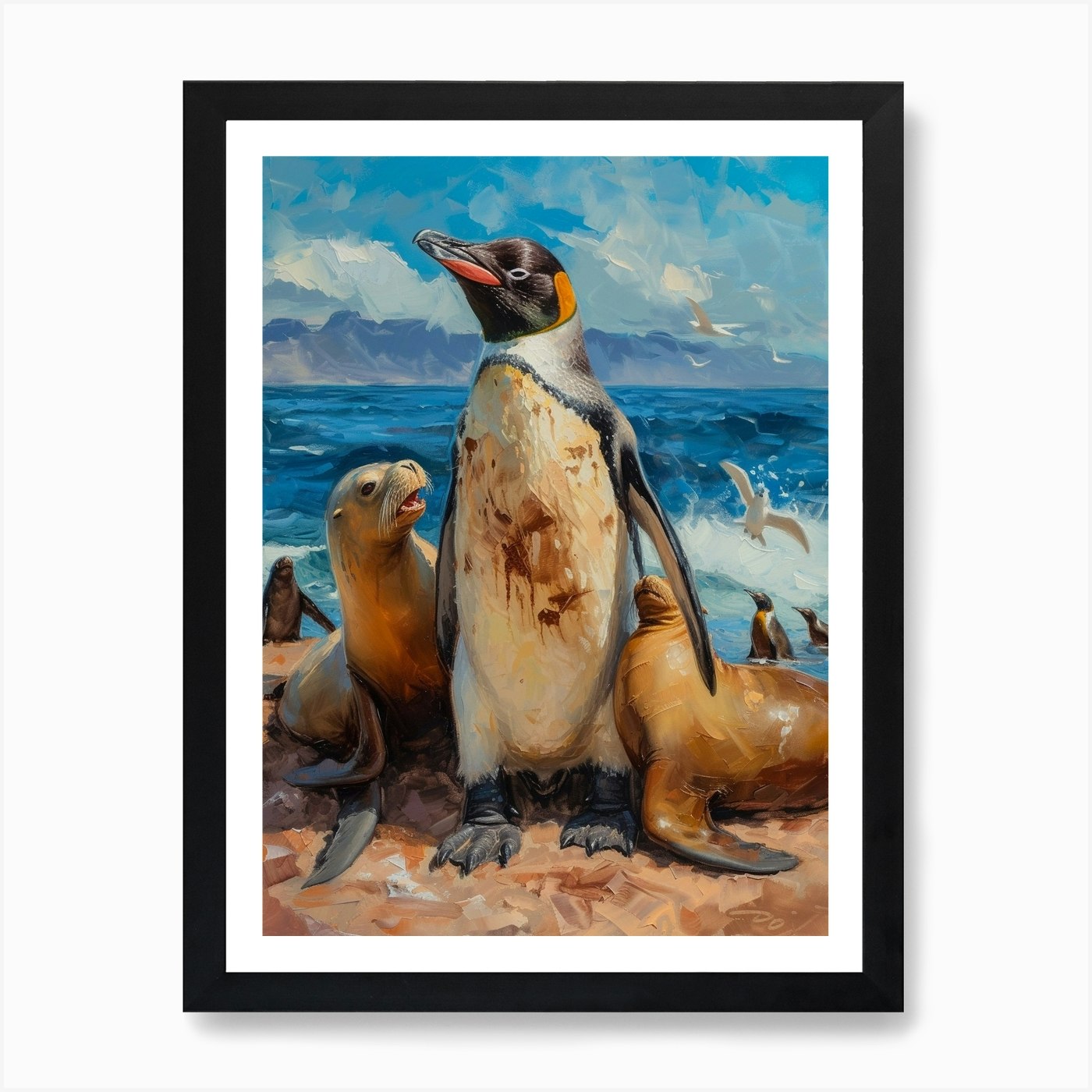 Adlie Penguin Sea Lion Island Oil P Framed Wall Art Poster Canvas Print Picture