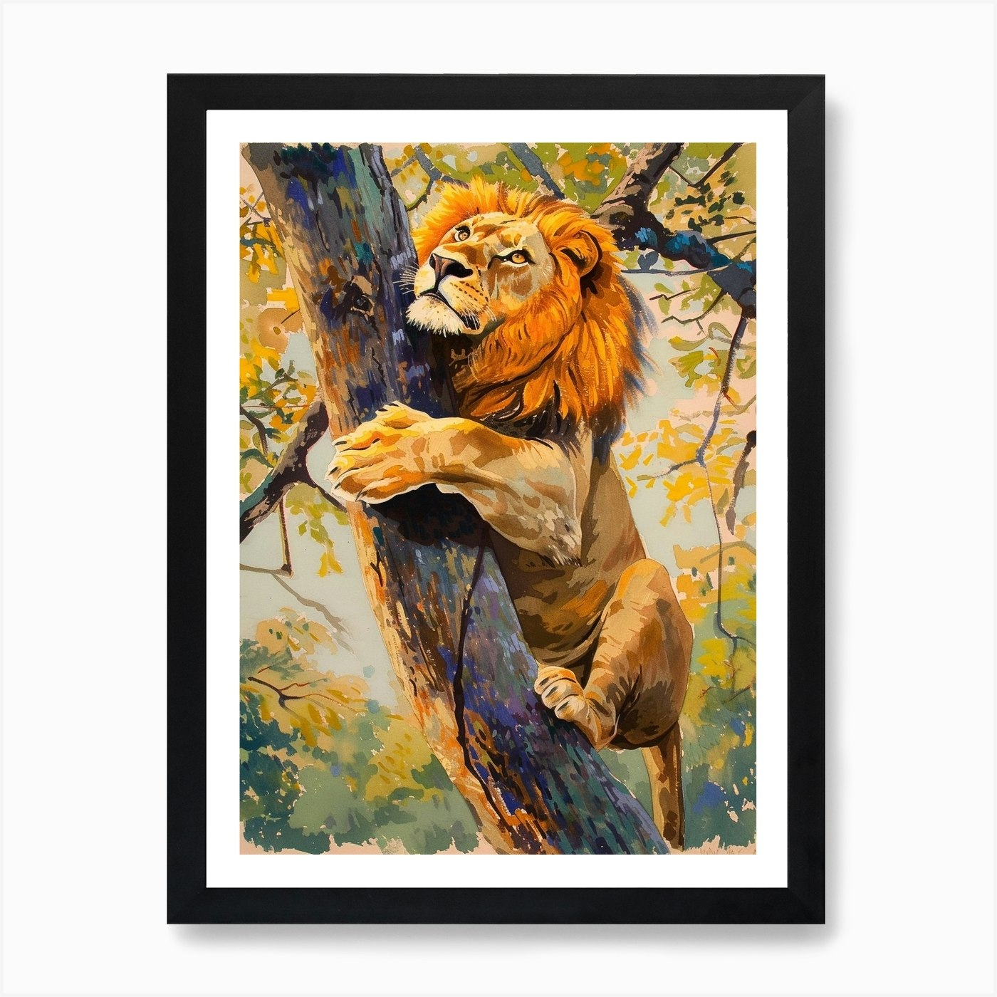 Southwest African Lion Climbing A T Framed Wall Art Poster Canvas Print Picture