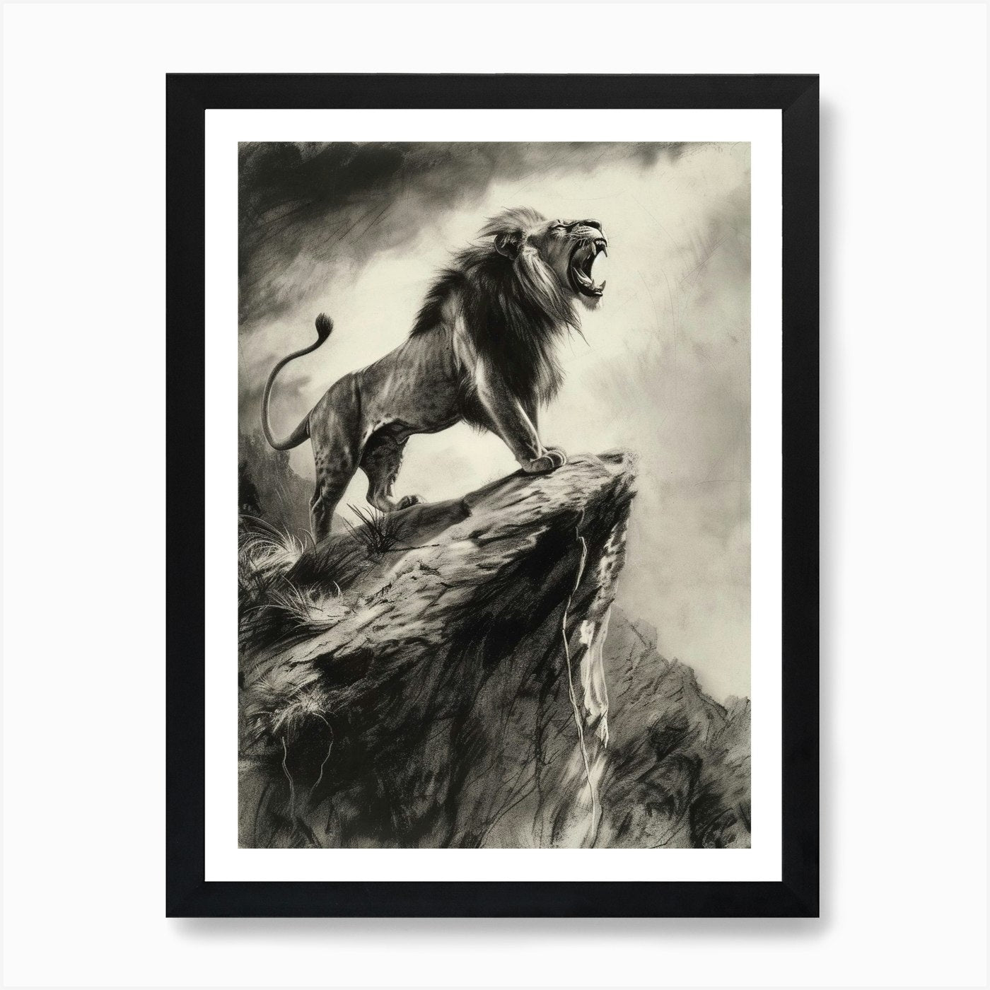 African Lion Charcoal Drawing Roari Framed Wall Art Poster Canvas Print Picture